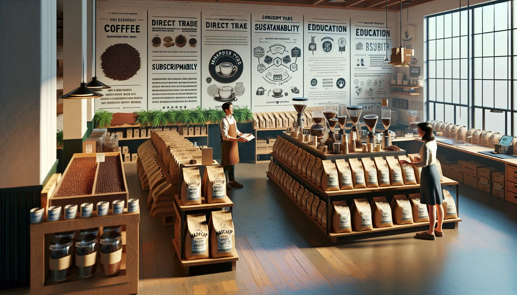 A coffee shop interior featuring two customers, one holding a book and the other examining bags of coffee. Shelves are lined with various coffee products, while informative posters about coffee themes such as sustainability and education decorate the walls. The atmosphere is warm and inviting with natural light streaming through large windows.