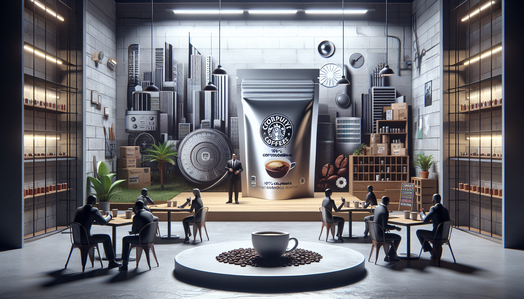 A modern coffee shop interior featuring a large coffee packaging display in the background, surrounded by a mural of urban buildings and coffee beans. In the foreground, six seated figures at tables are engaged in conversation, while a speaker presents at a small stage adorned with a cup of coffee and coffee beans. Shelves line the walls filled with coffee products and decor elements.