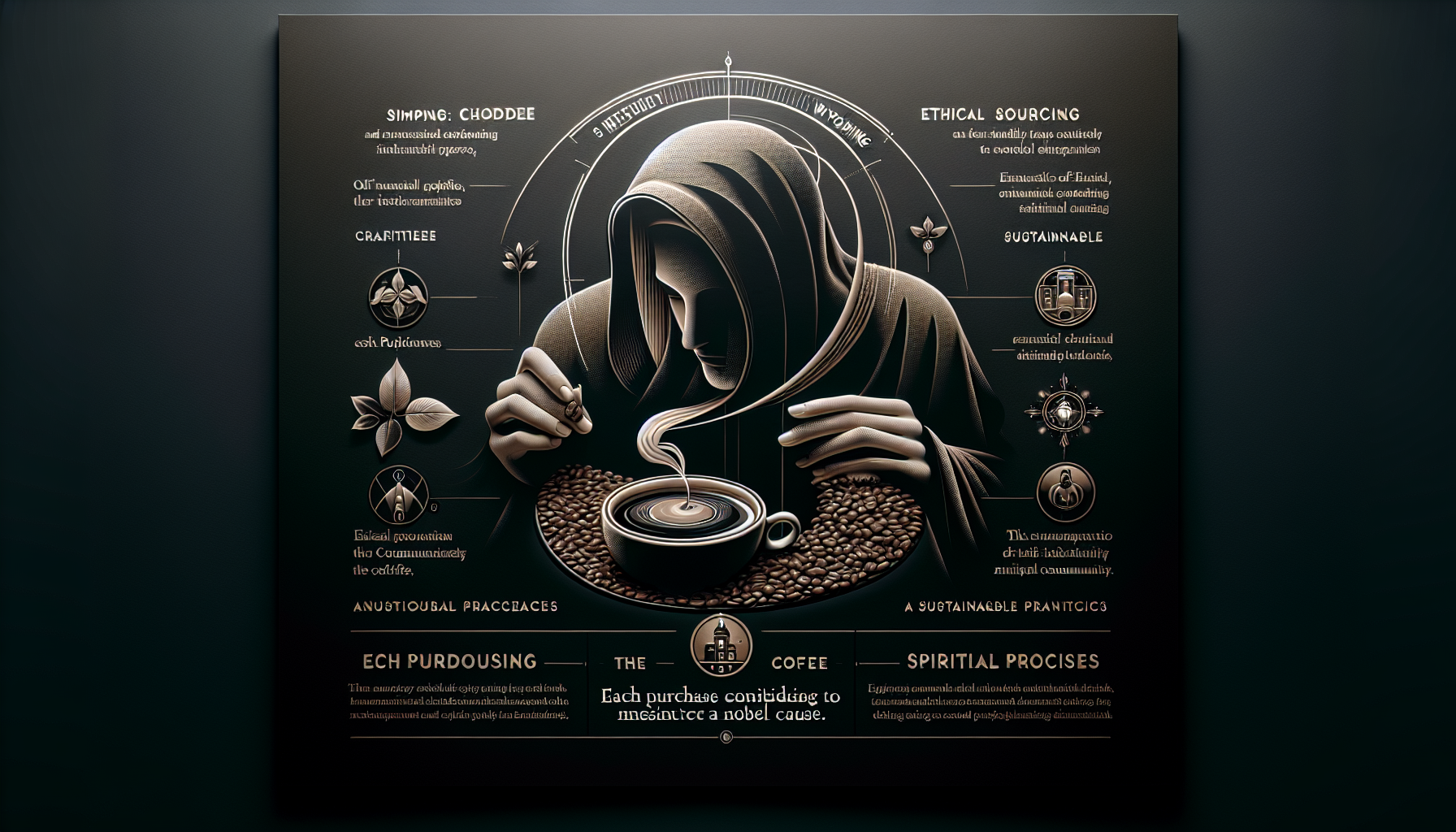 A stylized artwork featuring a hooded figure intently preparing coffee. The figure is surrounded by various symbols and text highlighting themes of ethical sourcing, sustainability, and community. A cup of coffee in front of the figure displays swirling steam, with coffee beans scattered around. The design emphasizes a noble cause associated with coffee purchasing.