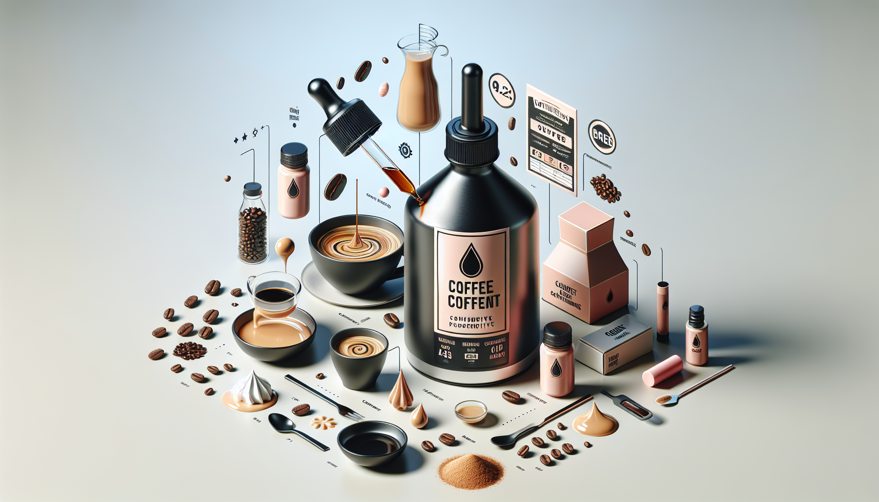 A visually appealing arrangement of coffee-related items, including a large black bottle labeled 'COFFEE COFFENT,' measuring spoons, cups of coffee, coffee beans scattered around, and various smaller bottles and jars containing coffee extract and flavoring. The background features a soft gradient, enhancing the focus on the components of the coffee preparation setup.