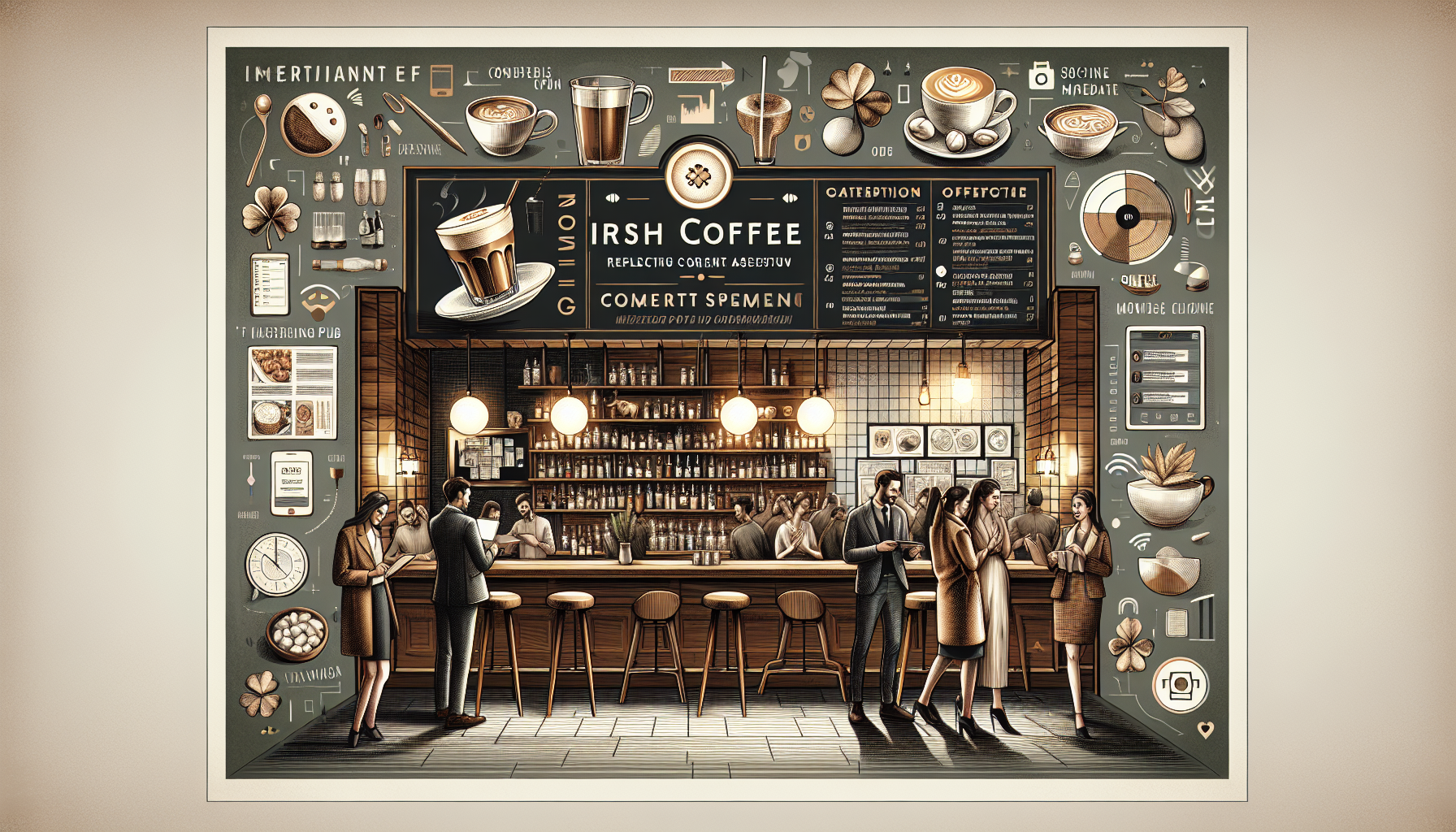 An illustrated scene of a coffee shop, featuring a bar with patrons socializing and browsing menus. The wall displays various coffee drinks, desserts, and menu items, accented with decorative elements like a shamrock and coffee-related icons. Modern lighting hangs above, creating a warm atmosphere.