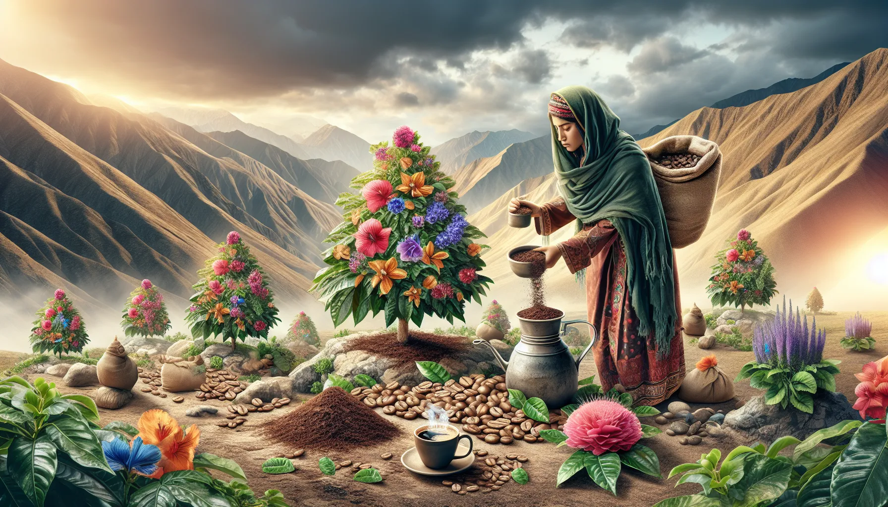 A woman carefully prepares haraz coffee amidst vibrant flowers and mountainous scenery.