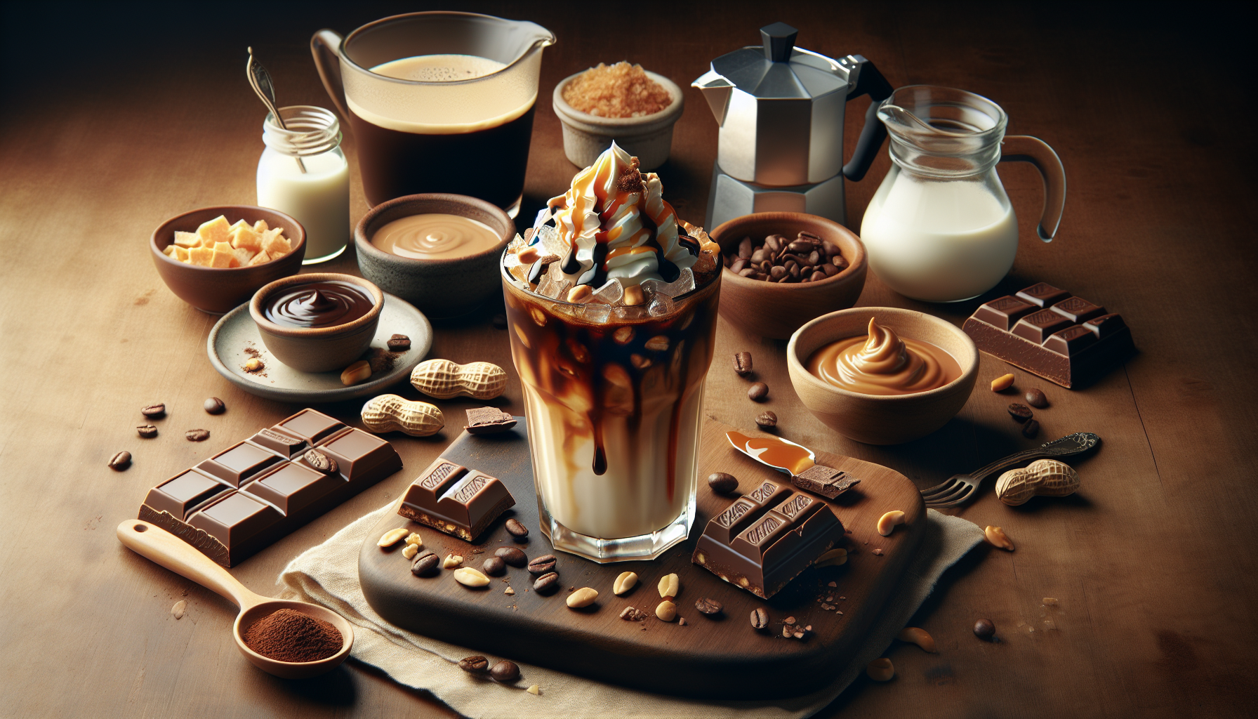 A richly topped iced coffee drink is surrounded by various ingredients, including chocolate squares, bowls of caramel and chocolate sauce, whole coffee beans, crushed peanuts, and a glass jug of milk. Other items include a small jar of brown sugar, a coffee pot, and a wooden spoon with cocoa powder, all arranged on a wooden table.