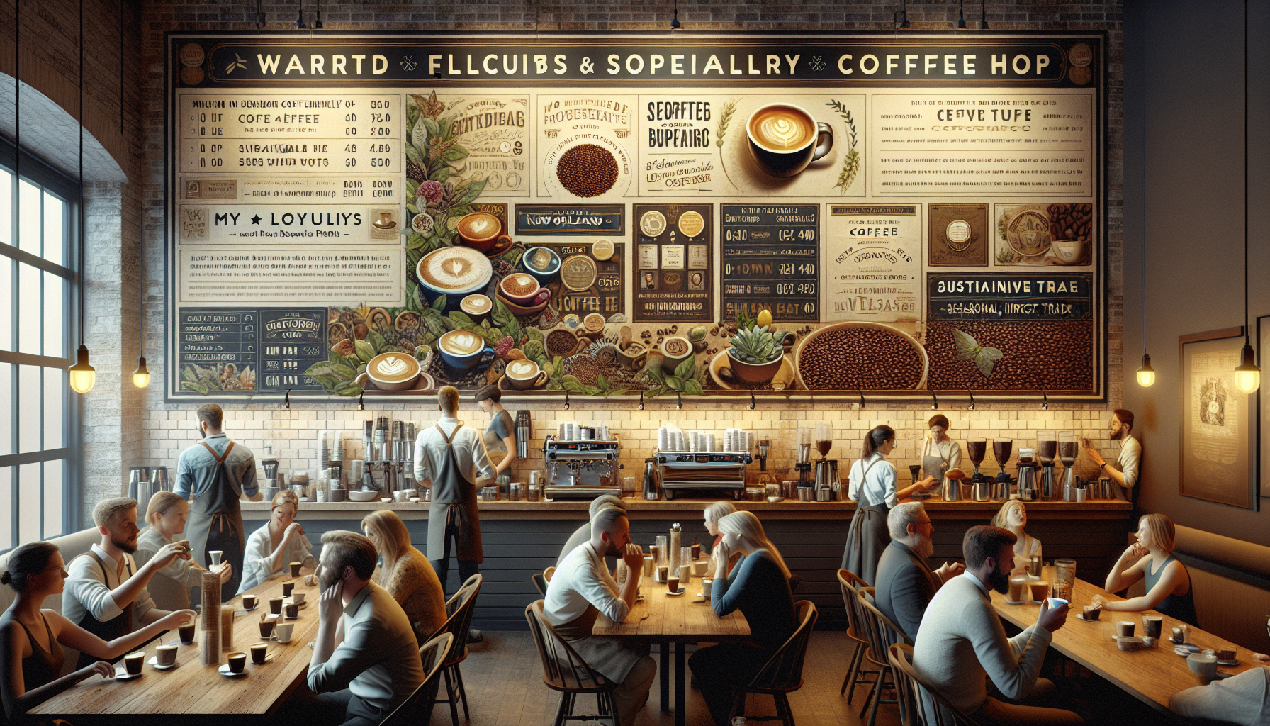 A cozy coffee shop interior featuring patrons seated at wooden tables enjoying drinks, while baristas prepare coffee at the counter. The wall displays an artistic menu with various coffee options and decorative elements, including coffee beans and plants, adding a warm and inviting atmosphere.