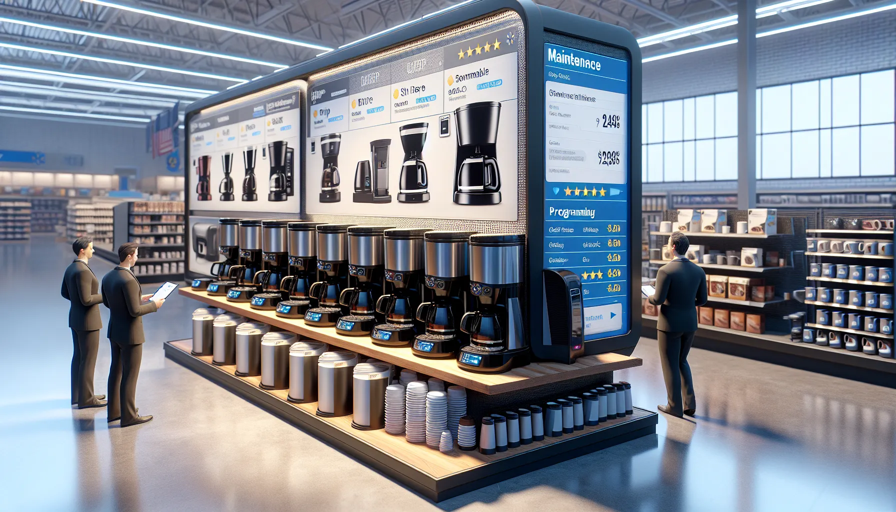 A modern store display featuring various coffee makers on a wooden shelf, with digital screens showcasing product information, ratings, and pricing. Two suited figures stand in front, reviewing the details on a tablet, while shelves stocked with coffee-related products are visible in the background.