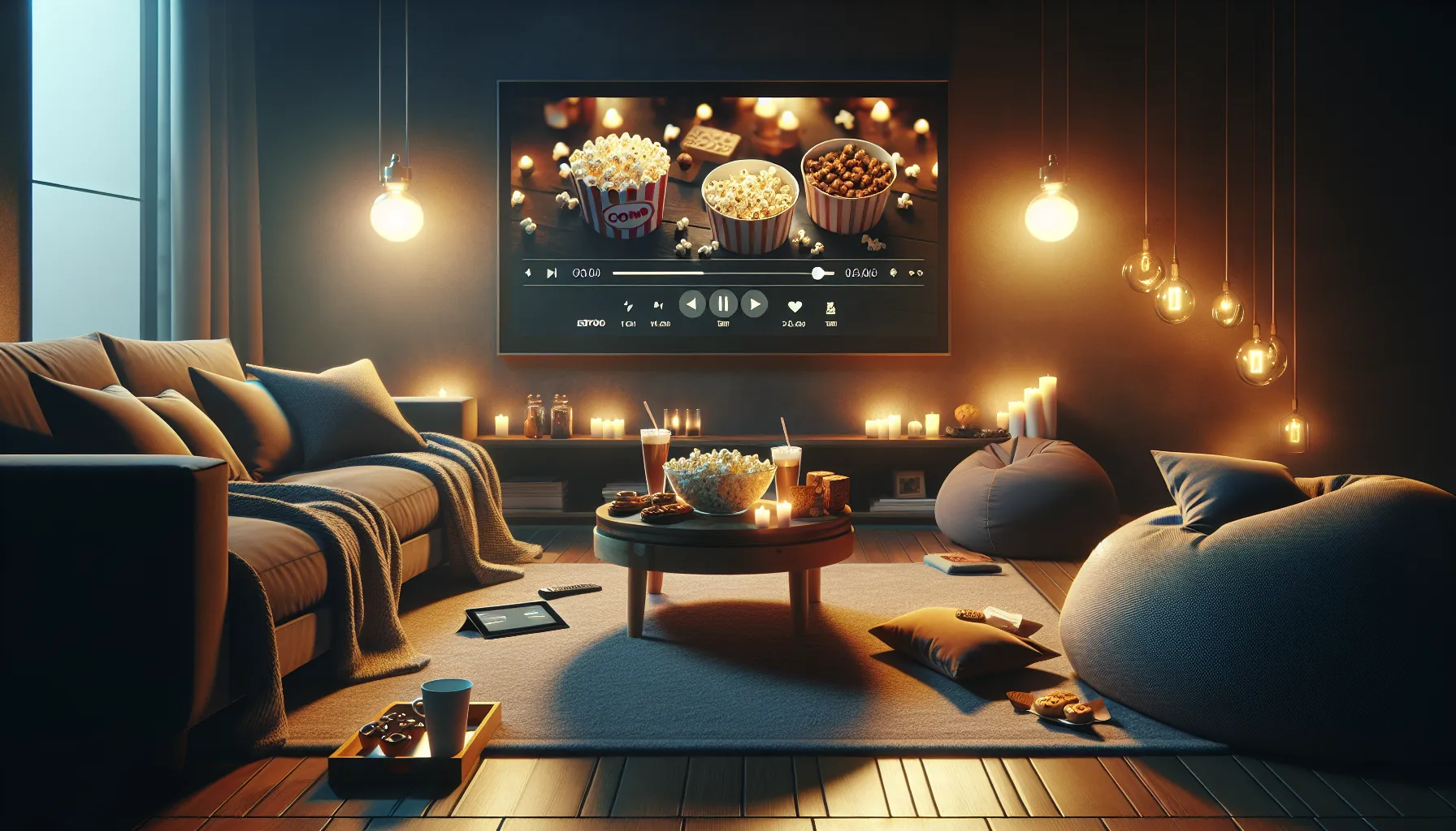 A cozy, dimly lit living room featuring a comfortable sofa adorned with pillows and a throw blanket. A coffee table in the center holds bowls of popcorn, drinks, and snacks. In the background, a large TV screen displays a movie interface, while several decorative candles and stylish pendant lights illuminate the space, creating a warm atmosphere. Bean bags are positioned nearby, enhancing the relaxed ambiance.