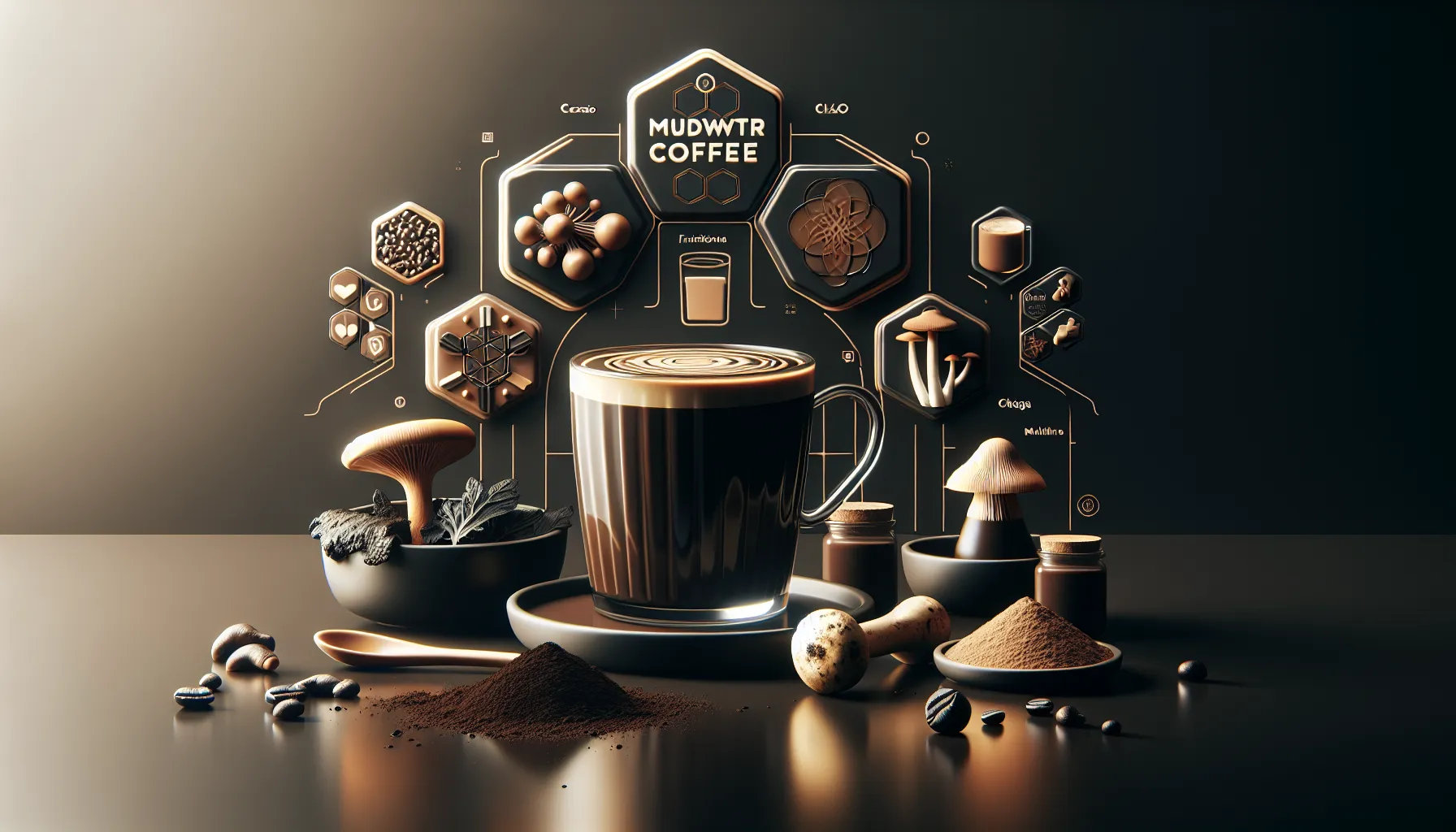 A cup of coffee with intricate swirling patterns on the surface is placed on a saucer, surrounded by various natural ingredients like mushrooms, herbs, and powders. Behind the coffee, hexagonal graphics display information related to the 