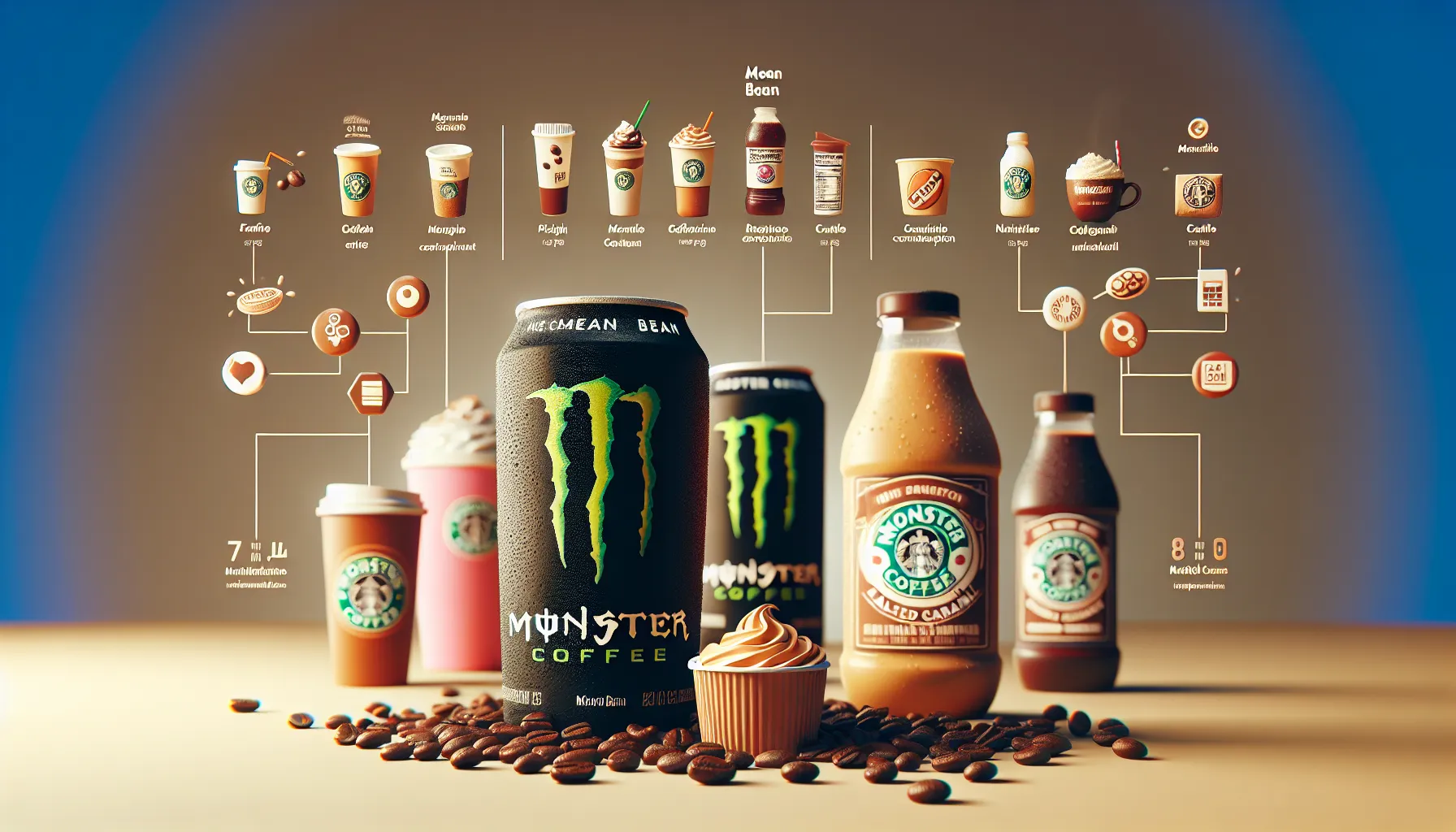 A variety of monster coffee drinks are displayed, featuring cans, bottles, and cups among coffee beans.