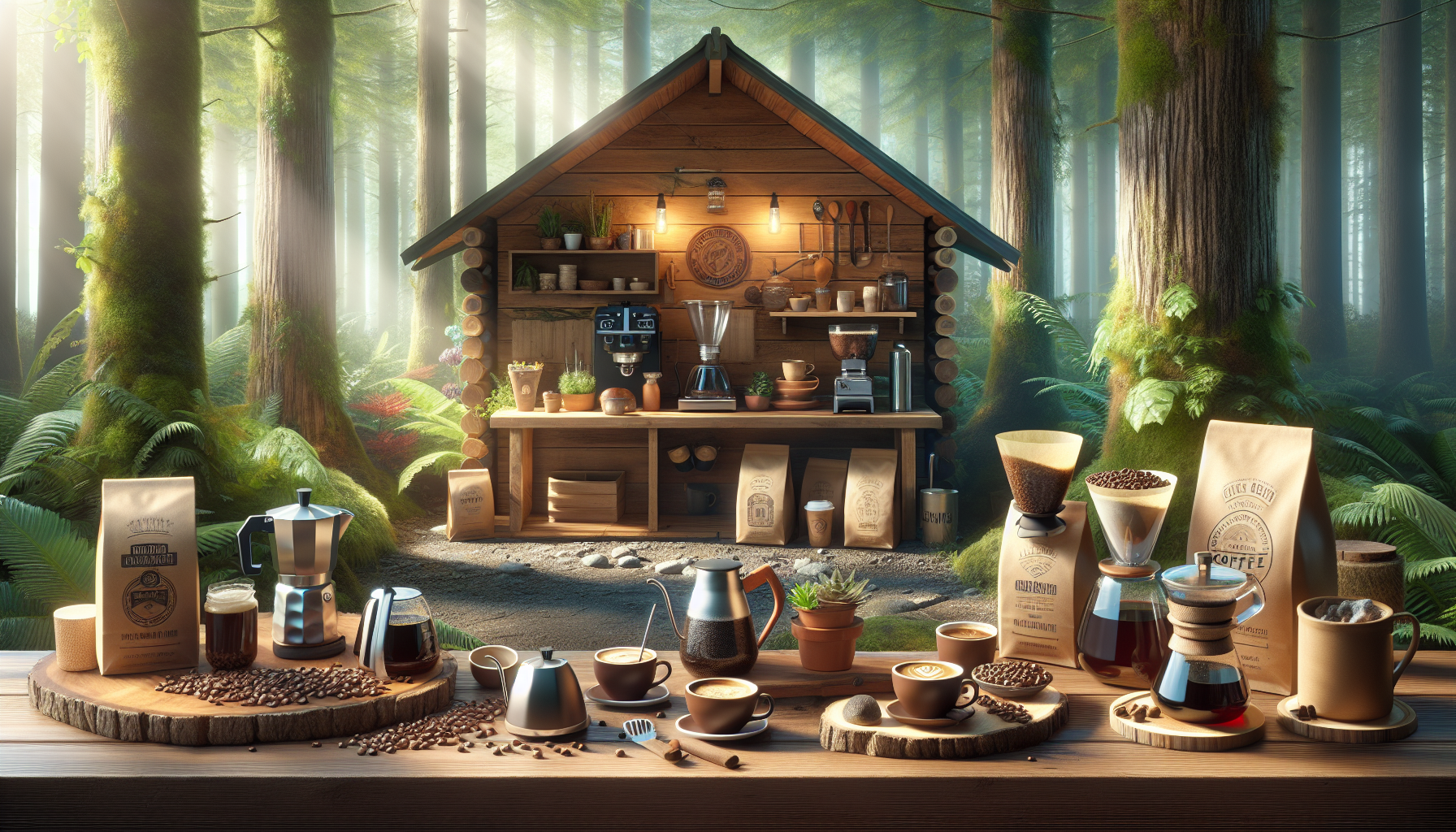 A cozy wooden cabin in a misty forest, surrounded by tall trees and lush greenery. In the foreground, a variety of coffee preparation tools and beverages are displayed, including coffee beans, cups, a moka pot, and brewing equipment. The cabin features shelves with coffee-related items and plants, creating a warm and inviting atmosphere.