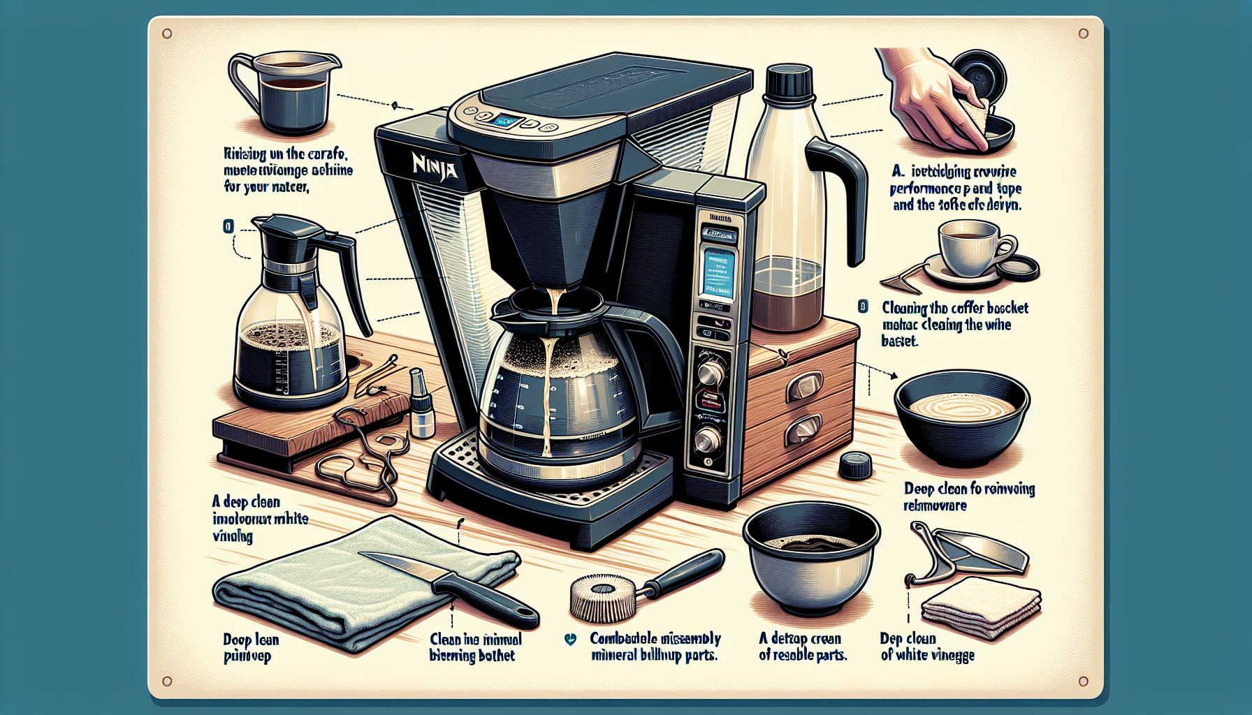 An illustrated guide to using and cleaning a Ninja coffee maker, featuring detailed steps and tools for maintenance. The image shows the coffee maker itself, coffee brew pots, a measuring cup, cleaning brushes, and various cleaning instructions, including using white vinegar and a cloth.