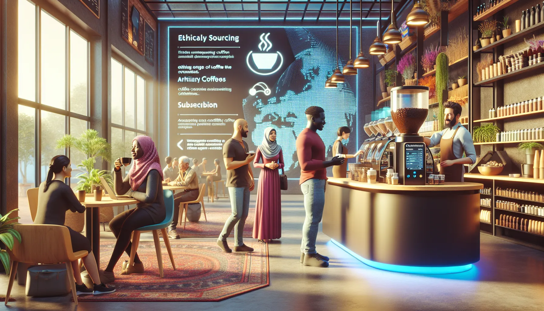 A modern coffee shop featuring diverse customers. Two women sit at a table, one enjoying a cup of coffee while using a laptop. In the foreground, a group of people stands at the counter interacting with baristas and examining the coffee menu. The background displays a large screen with information about ethical sourcing and coffee varieties, complemented by a stylish interior with plants and wooden shelves.