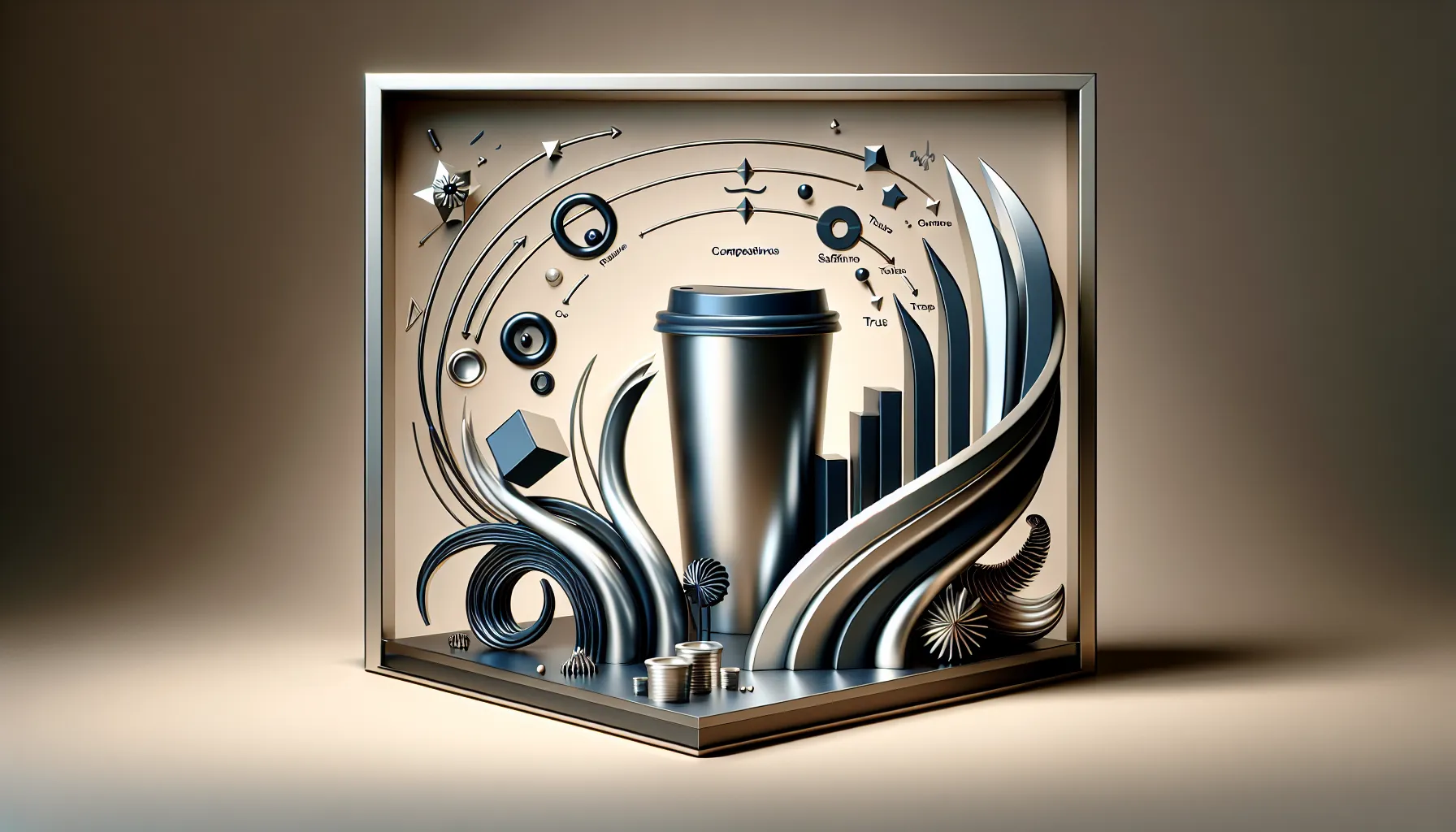 A three-dimensional composition featuring a metallic coffee cup at the center, surrounded by abstract swirling shapes, geometric forms, and various icons representing concepts like competitiveness and innovation. The background is a soft gradient, enhancing the intricate details of each element.