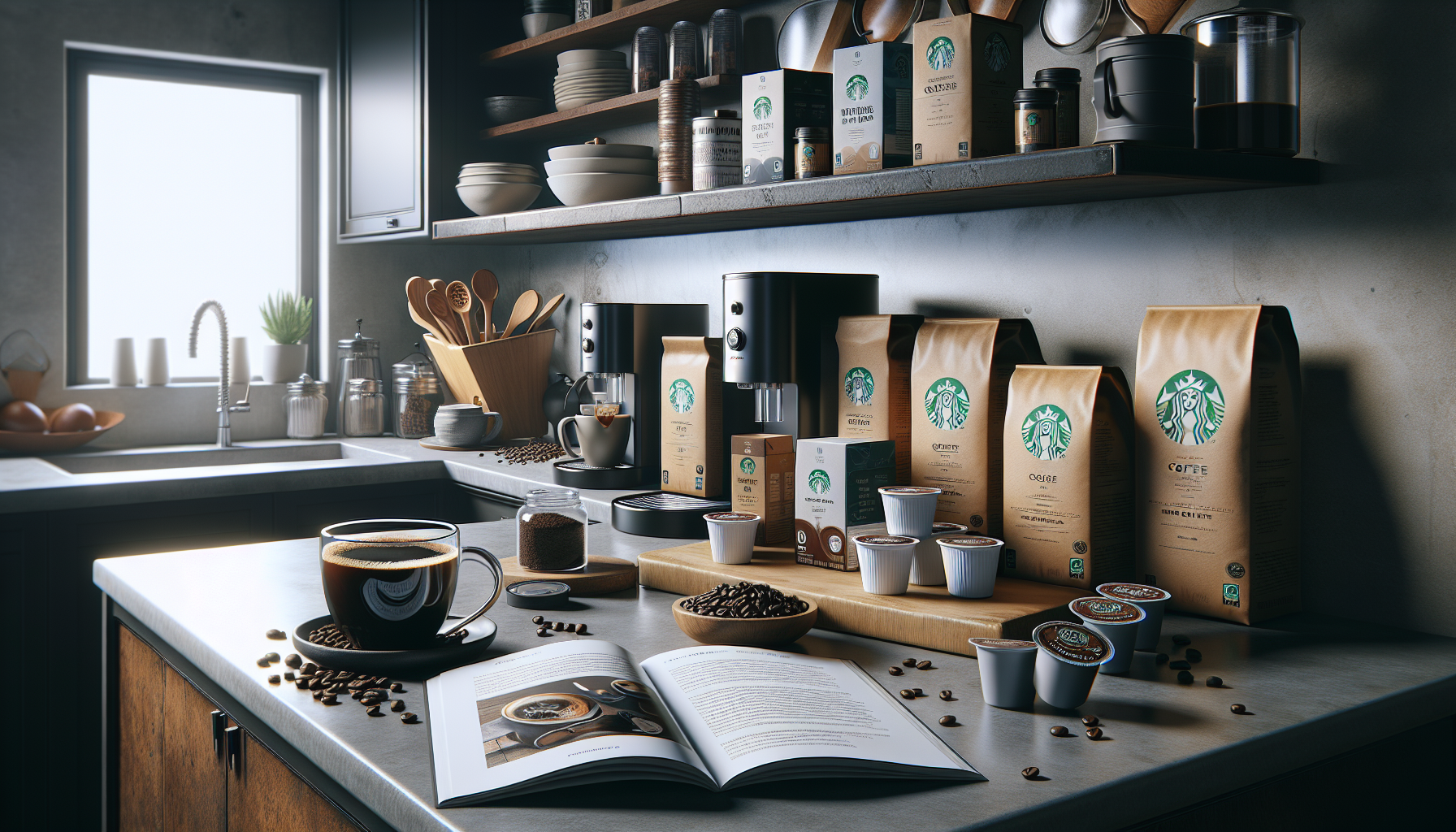 A cozy kitchen scene featuring a variety of Starbucks coffee products, including bags of ground coffee and single-serve pods, arranged neatly on shelves. A coffee cup filled with brewed coffee sits on the counter alongside scattered coffee beans and an open recipe book. A coffee maker is visible, and the scene is illuminated by natural light coming through a window.