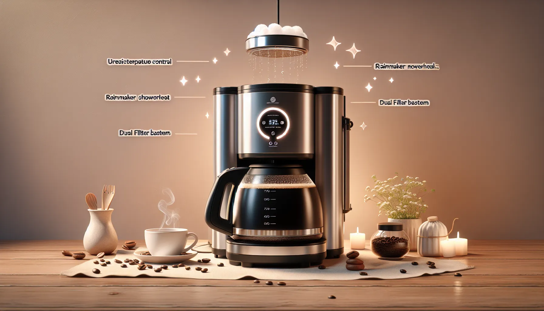 A sleek coffee maker sits on a wooden table, showcasing a digital display with an illuminated ring. It features labels for 