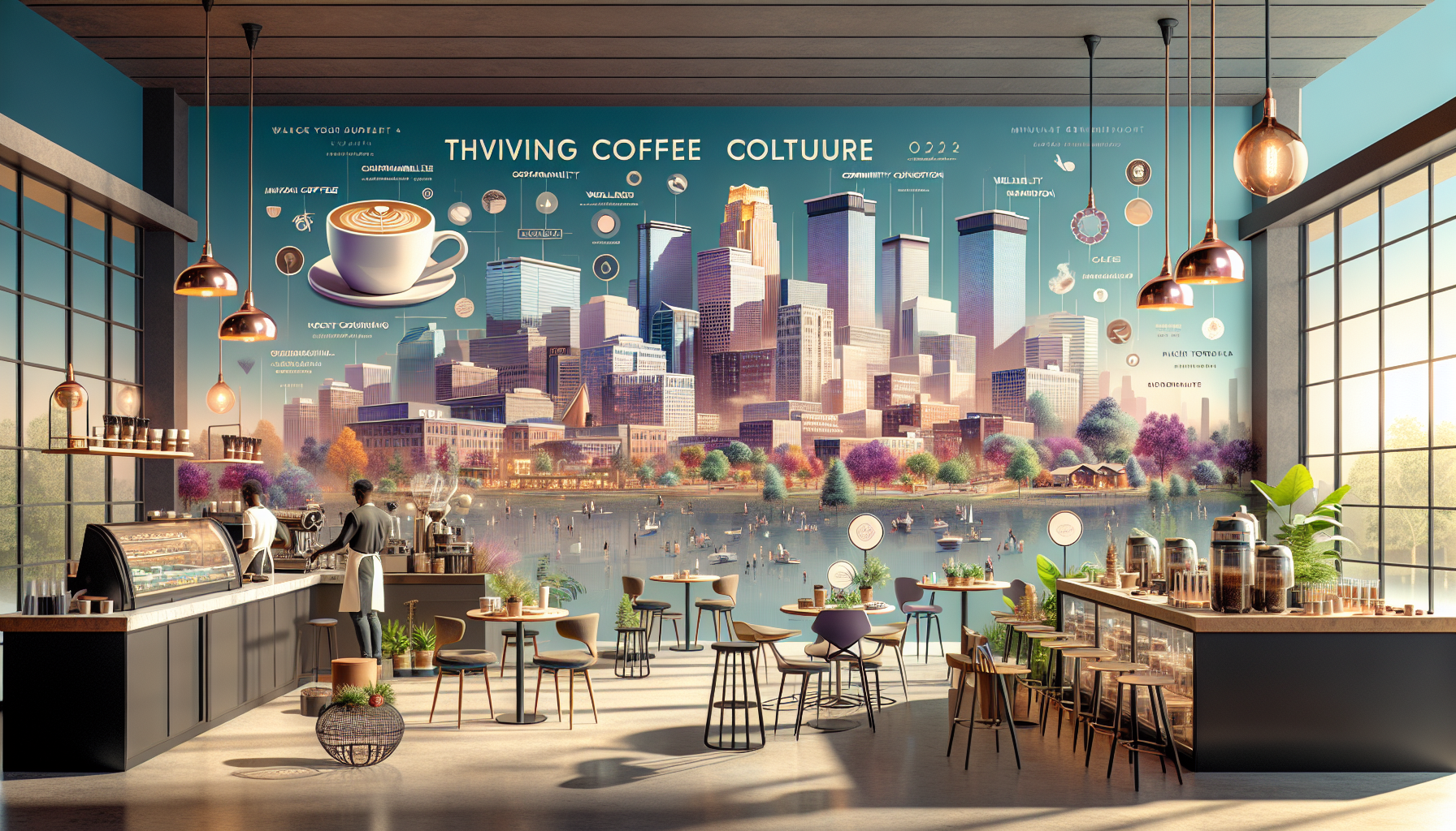 A modern coffee shop interior featuring a vibrant mural of a city skyline, with baristas working behind the counter, and tables arranged for customers. The space has large windows allowing natural light to filter in and showcases various coffee-related graphics on the wall.