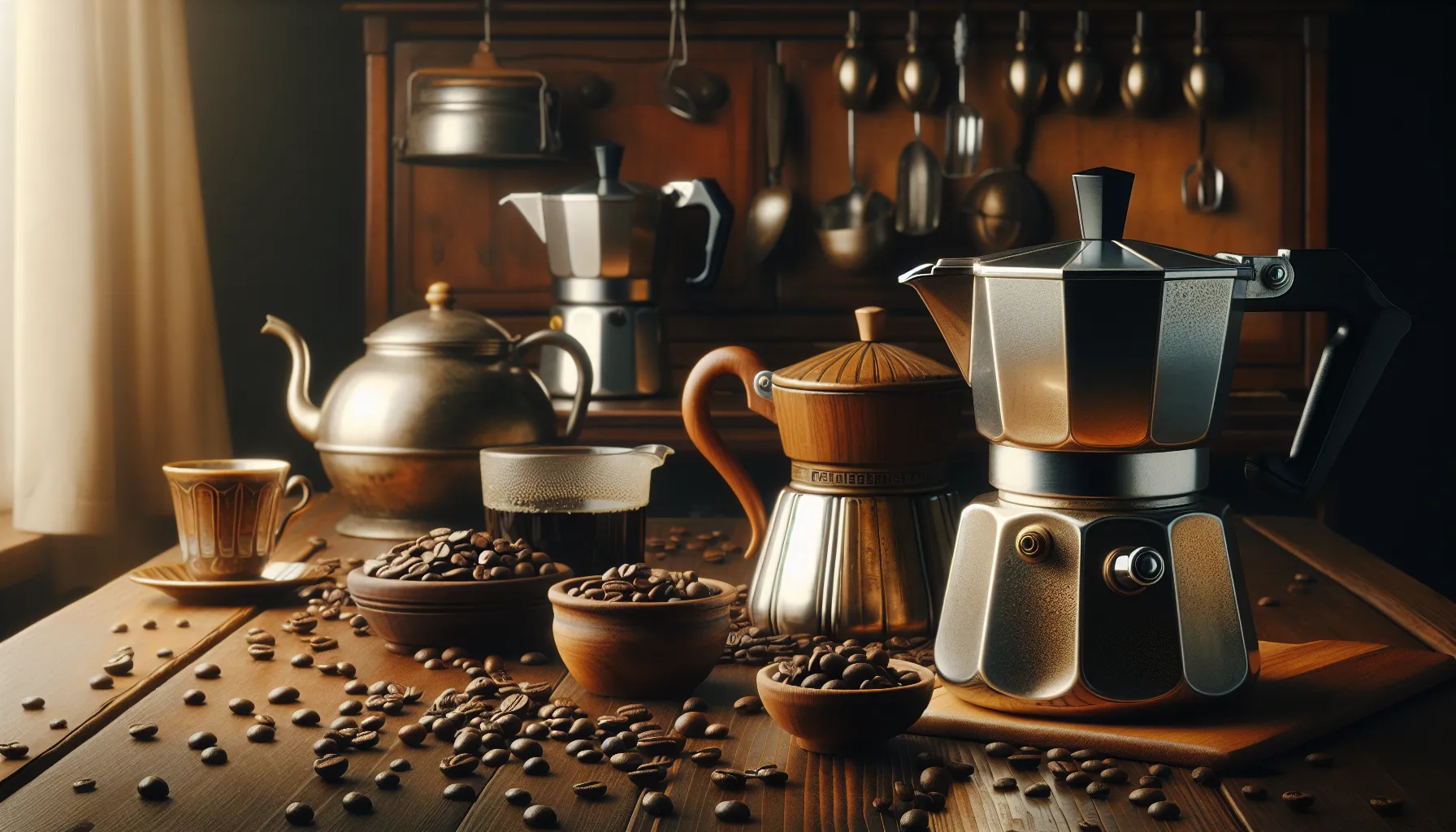 A cozy kitchen scene featuring various coffee-making tools, including a moka pot and wooden bowls filled with coffee beans, all set amidst scattered coffee beans and a warm, inviting atmosphere showcasing perc coffee preparation.