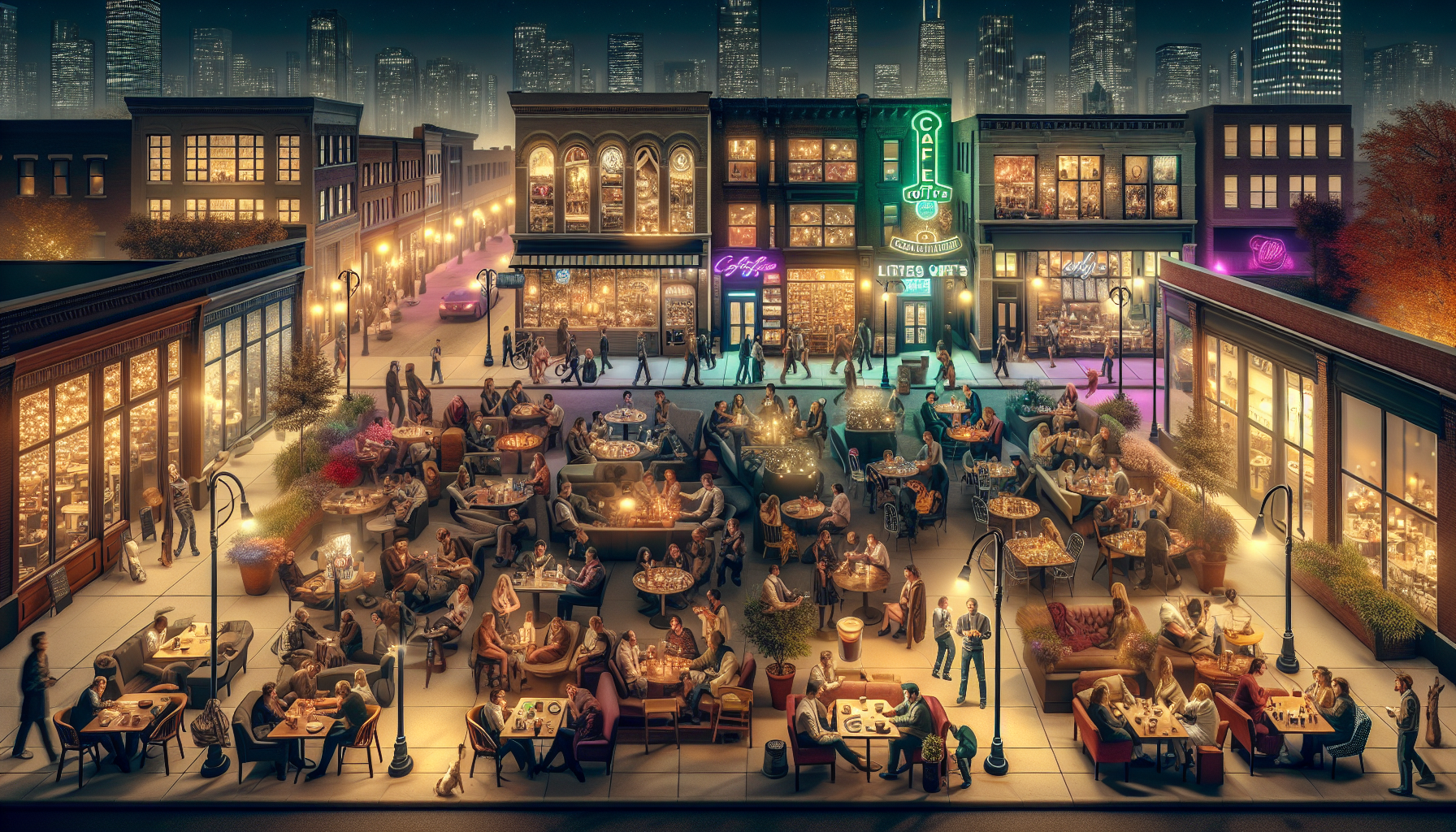 A vibrant outdoor dining scene at night, featuring multiple tables filled with diners, some engaged in conversation, others enjoying food and drinks. The background includes stylish cafés and shops illuminated by neon signs and warm lights, with a skyline of city buildings visible in the distance. A few pedestrians stroll by while others sit comfortably on plush sofas or at tables, contributing to a lively atmosphere.