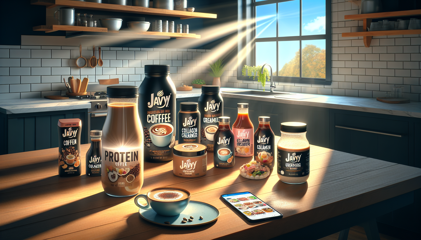 A well-lit kitchen featuring a wooden table with various Javy coffee products, including bottles of protein coffee, coffee creamer, collagen drinks, and ready-to-drink smoothies. A cup of coffee sits on a blue plate beside a smartphone displaying food options, with sunlight streaming through a nearby window illuminating the scene.