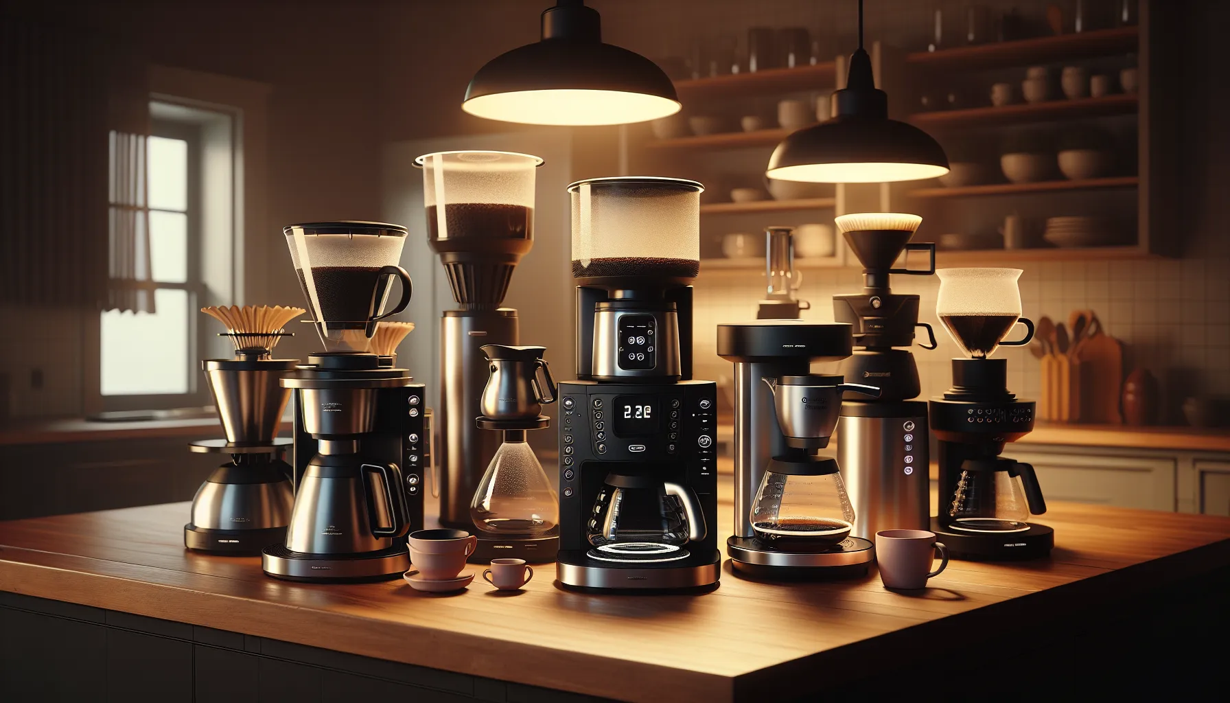 A collection of stylish William Sonoma coffee makers displayed on a kitchen countertop.