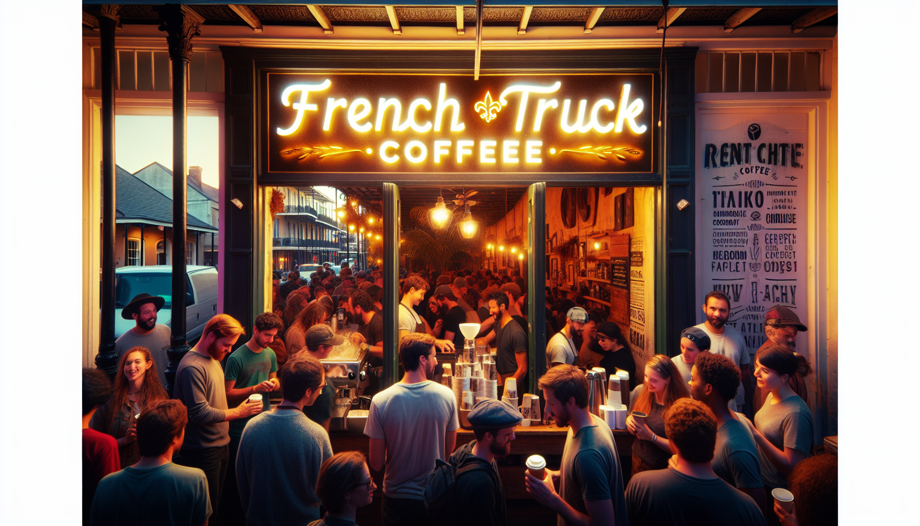 A bustling outdoor coffee shop scene featuring a large crowd of people in line at the 