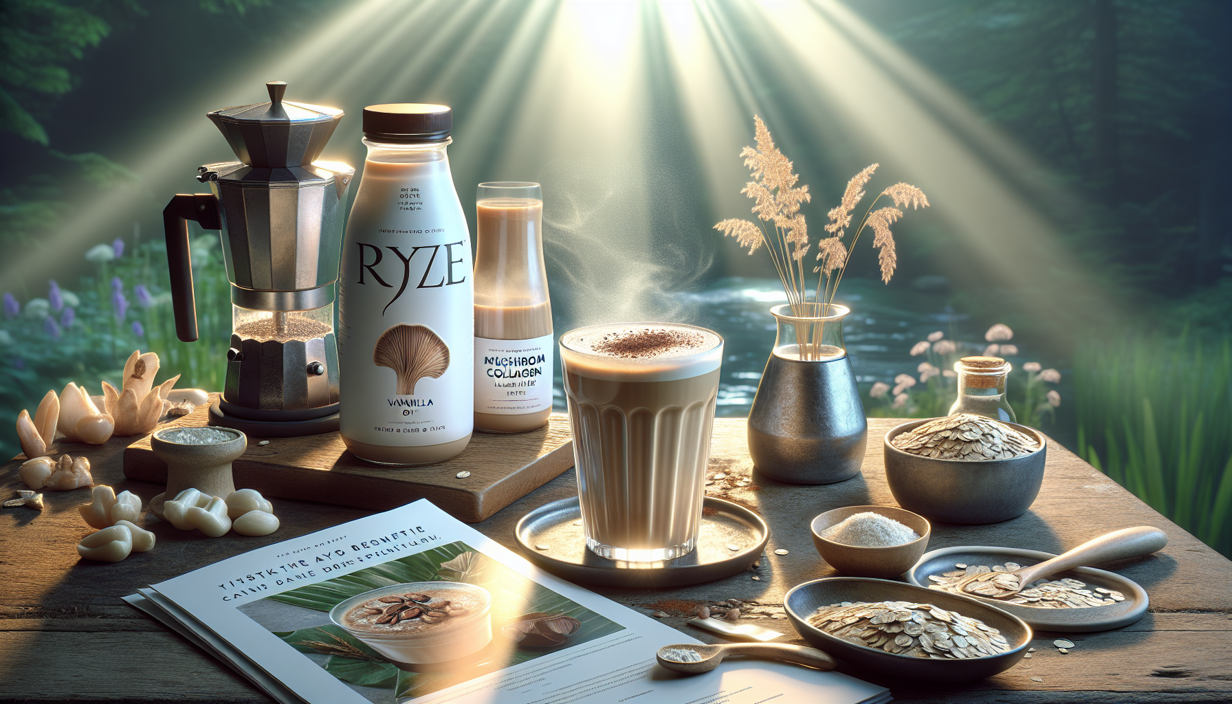 A cozy kitchen scene featuring a vintage coffee maker, a bottle of vanilla plant-based milk labeled 