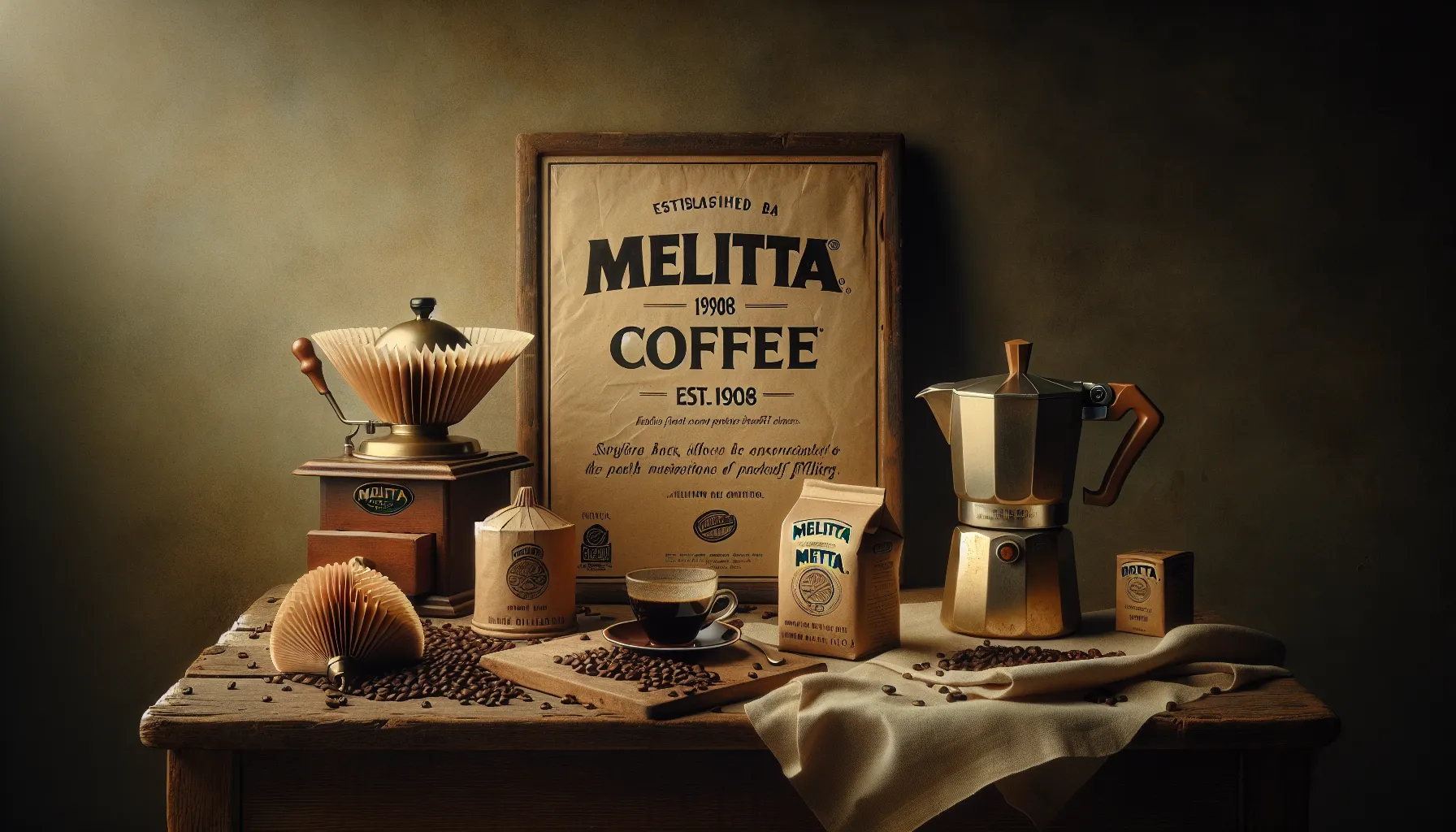 A rustic composition featuring Melitta coffee, an antique coffee grinder, brewing equipment, and bags of coffee, set against a warm backdrop.