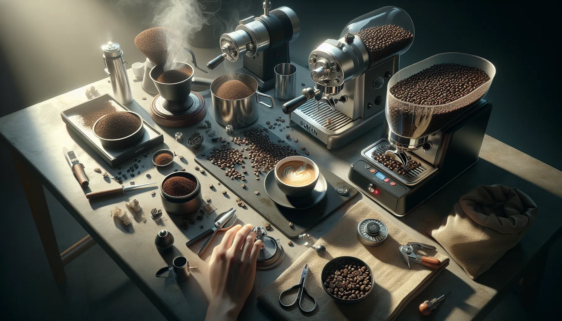 A beautifully arranged coffee setup featuring brewing tools and Burman coffee beans, with steam rising from freshly brewed coffee in a cup.