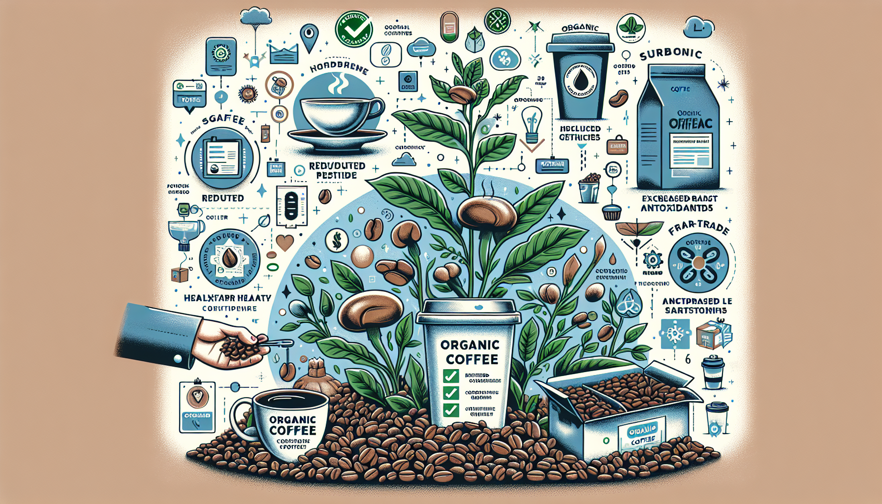 An illustrated scene featuring a coffee plant with beans growing, surrounded by various icons and labels related to organic coffee, including benefits, certifications, and health attributes. A hand is shown holding coffee beans, and there are coffee cups and containers labeled 