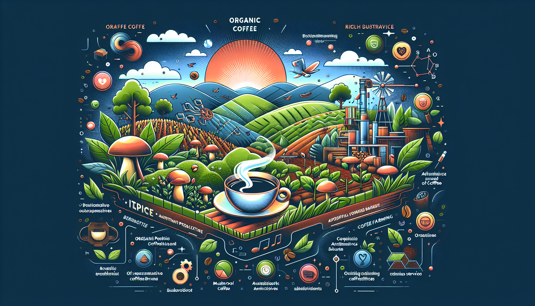 An illustrated landscape featuring a steaming cup of coffee, surrounded by lush green hills, coffee plants, and mushrooms, with a rising sun in the background. The composition includes elements of coffee farming, organic practices, and health benefits, highlighted with icons and stylized text about the properties and advantages of organic coffee.