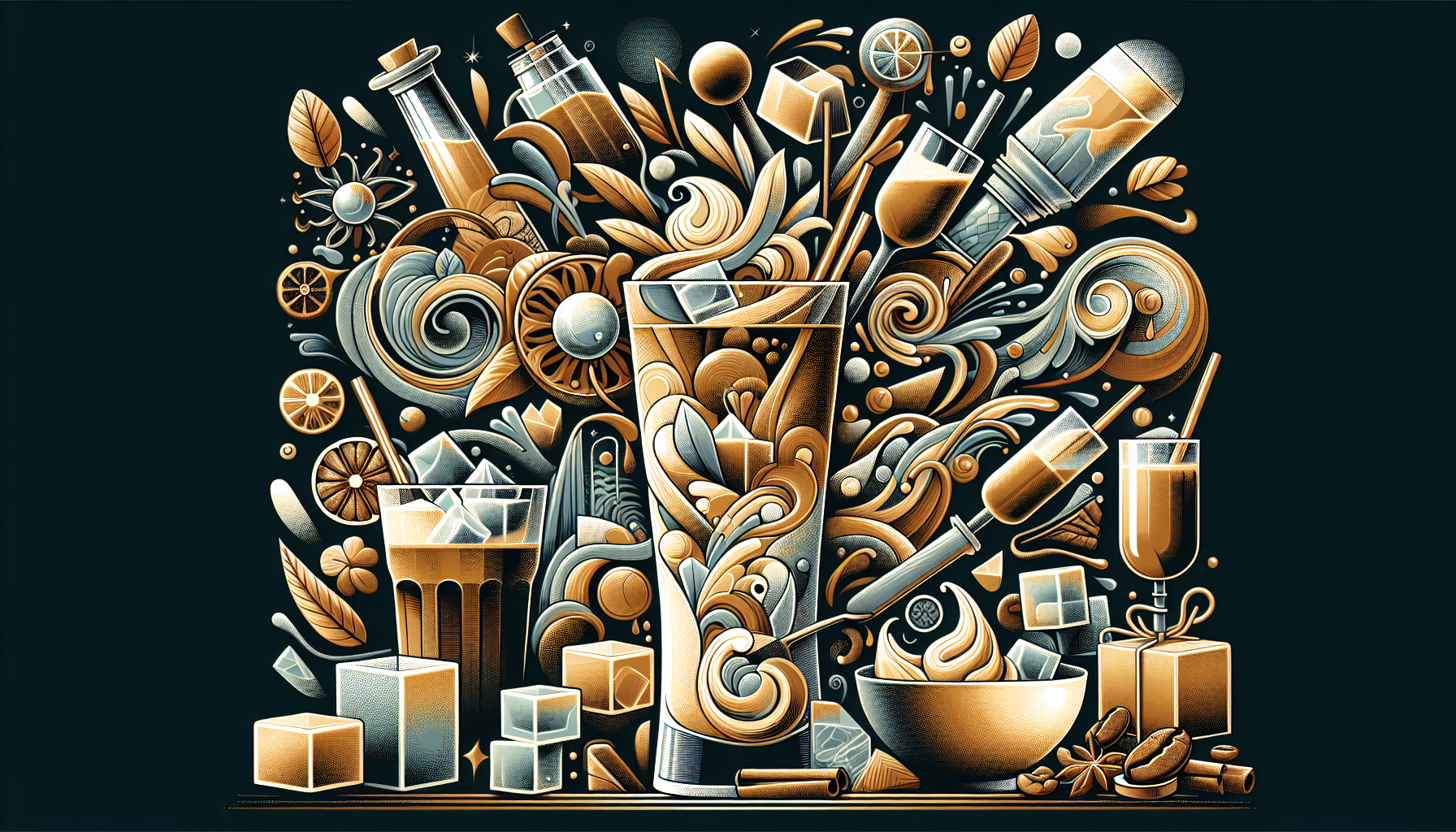 An abstract illustration featuring various beverages and cocktail elements, including a tall glass filled with swirling liquid, ice cubes, and garnishes like citrus slices and leaves, surrounded by artistic representations of cocktail shakers, bottles, and dessert items, all in a vibrant, swirling design against a dark background.