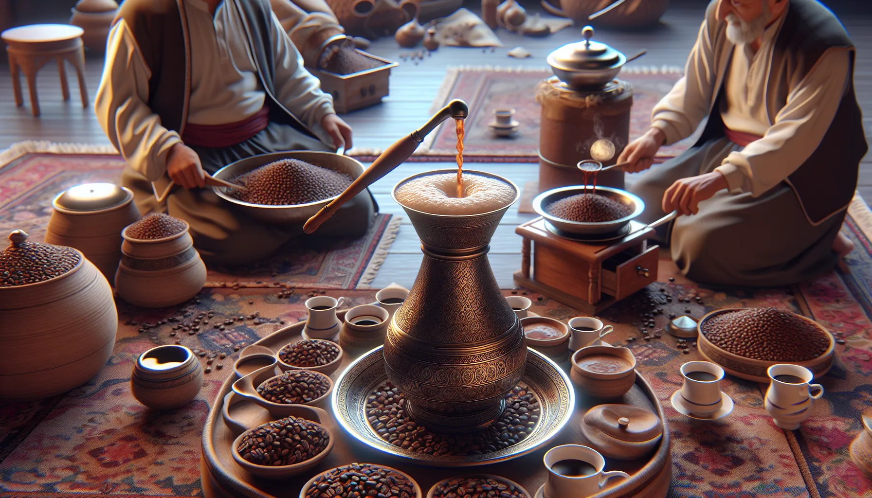 Two men are preparing coffee in a cozy, traditional setting. One man pours coffee from an ornate pot into a cup, while the other sifts through roasted coffee beans in a bowl. Surrounding them are various containers filled with beans and small cups on a richly patterned rug. The atmosphere is warm and inviting, highlighting the cultural significance of coffee preparation.