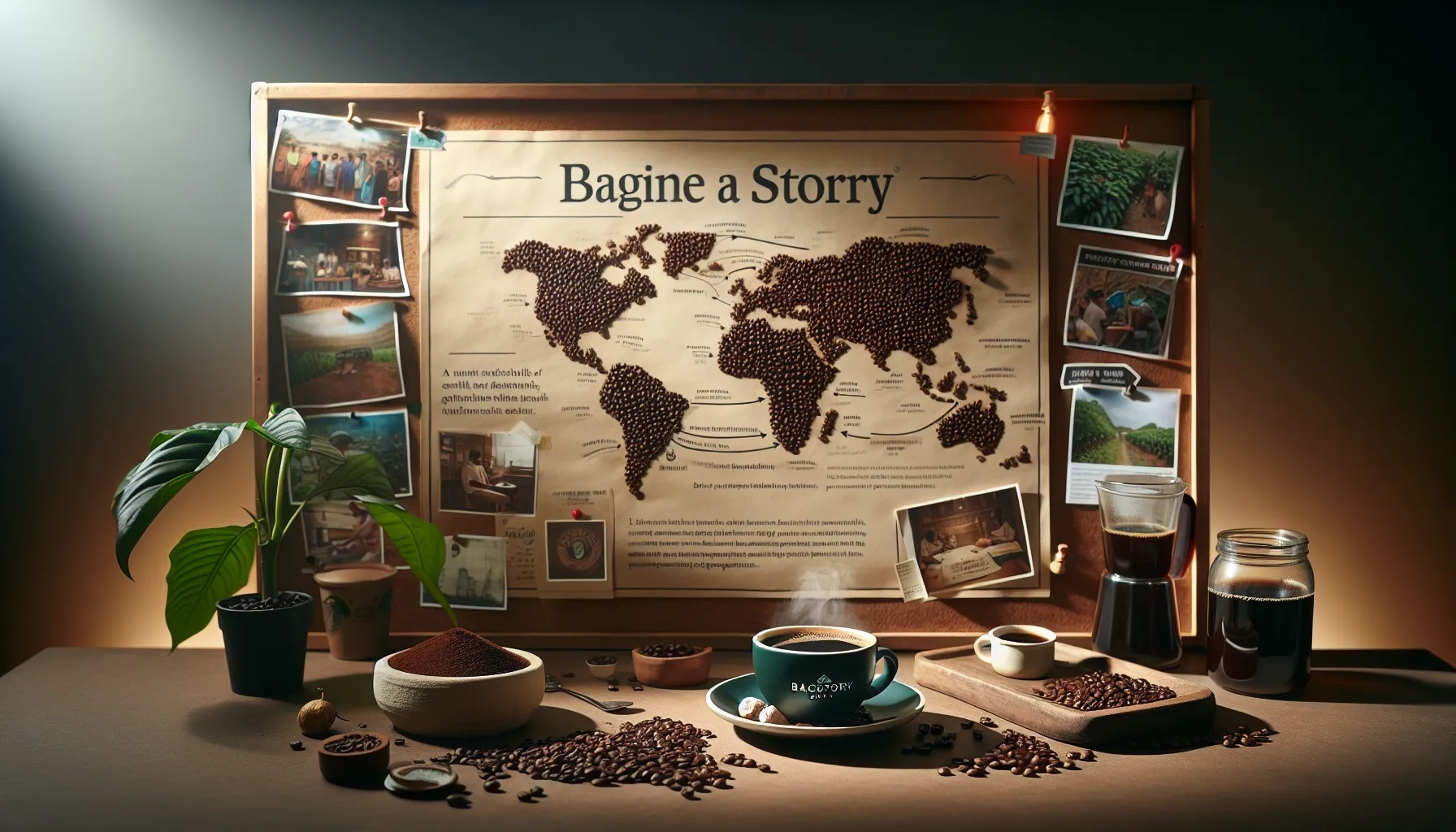 A warm cup of backstory coffee rests beside a world map made of coffee beans and photographs.