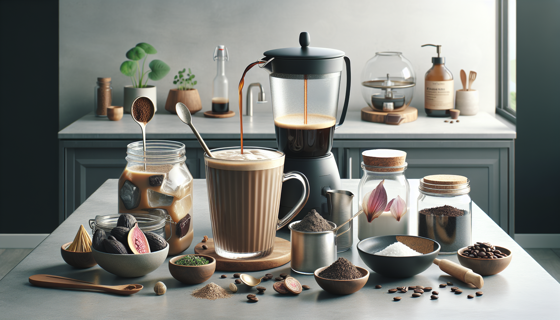 A modern kitchen countertop is adorned with various coffee-making ingredients and tools: a glass coffee maker pouring coffee into a large glass mug, jars of cold brew and coffee grounds, bowls of spices and sugar, whole coffee beans, a small rolling pin, and a plant in the background, all arranged aesthetically.