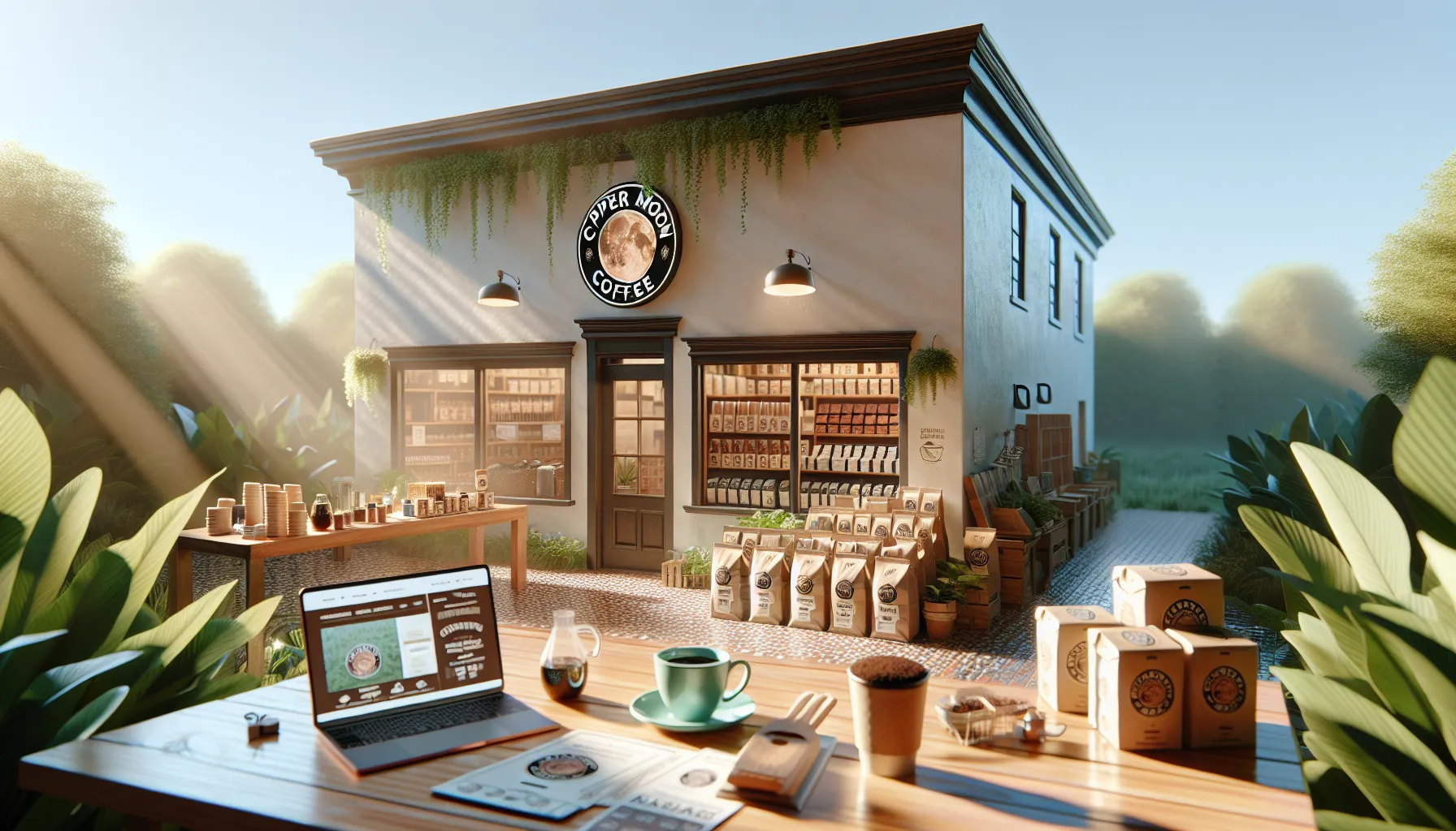 A charming café named Copper Moon Coffee features a rustic exterior, surrounded by greenery, with a display of products and a cozy outdoor seating area.