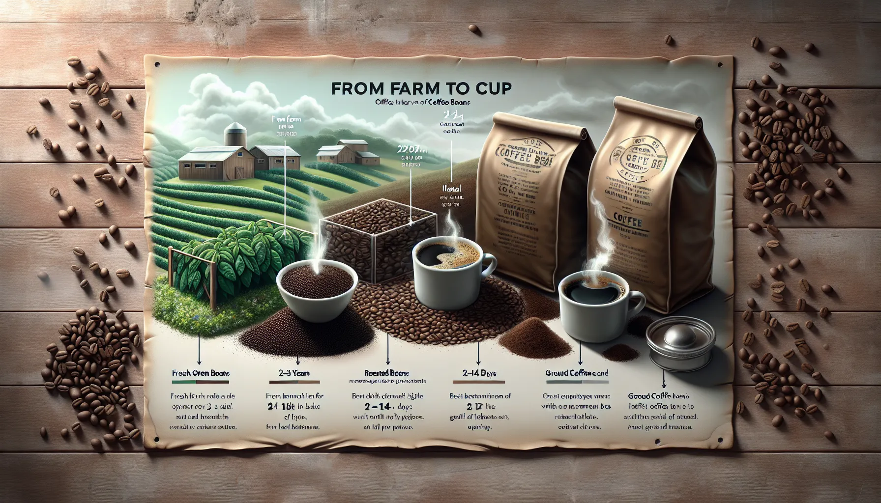 Infographic illustrating how long do coffee beans last, from fresh beans to ground coffee preservation.