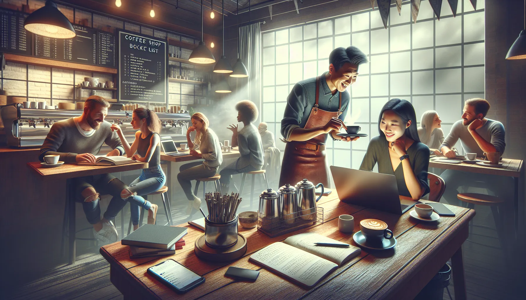 A vibrant local coffee shop scene depicts a barista serving coffee to a smiling customer while others engage in conversation and work on laptops.