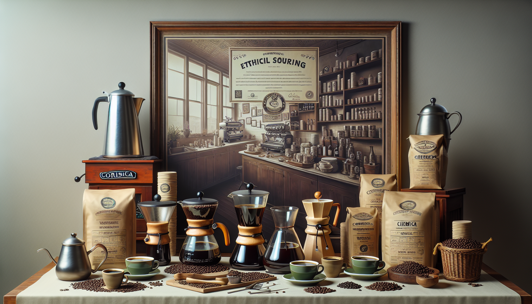 A cozy coffee setup featuring various brewing equipment like a pour-over dripper, French press, and coffee maker, surrounded by bags of coffee, cups, and coffee beans on a table. In the background, a vintage-style poster displays the text 