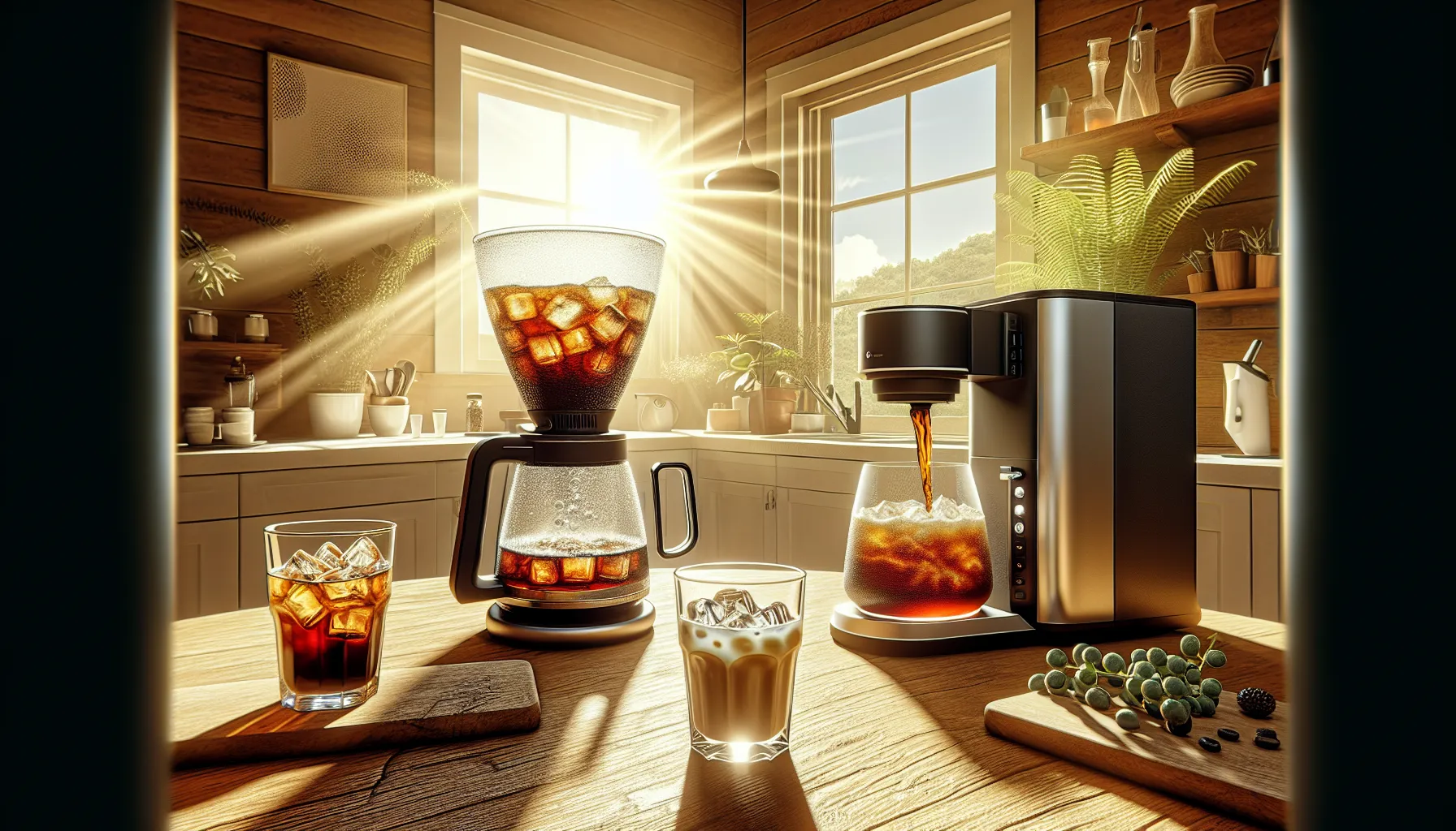 A stylish kitchen scene showcasing the best iced coffee maker alongside refreshing iced coffee drinks.