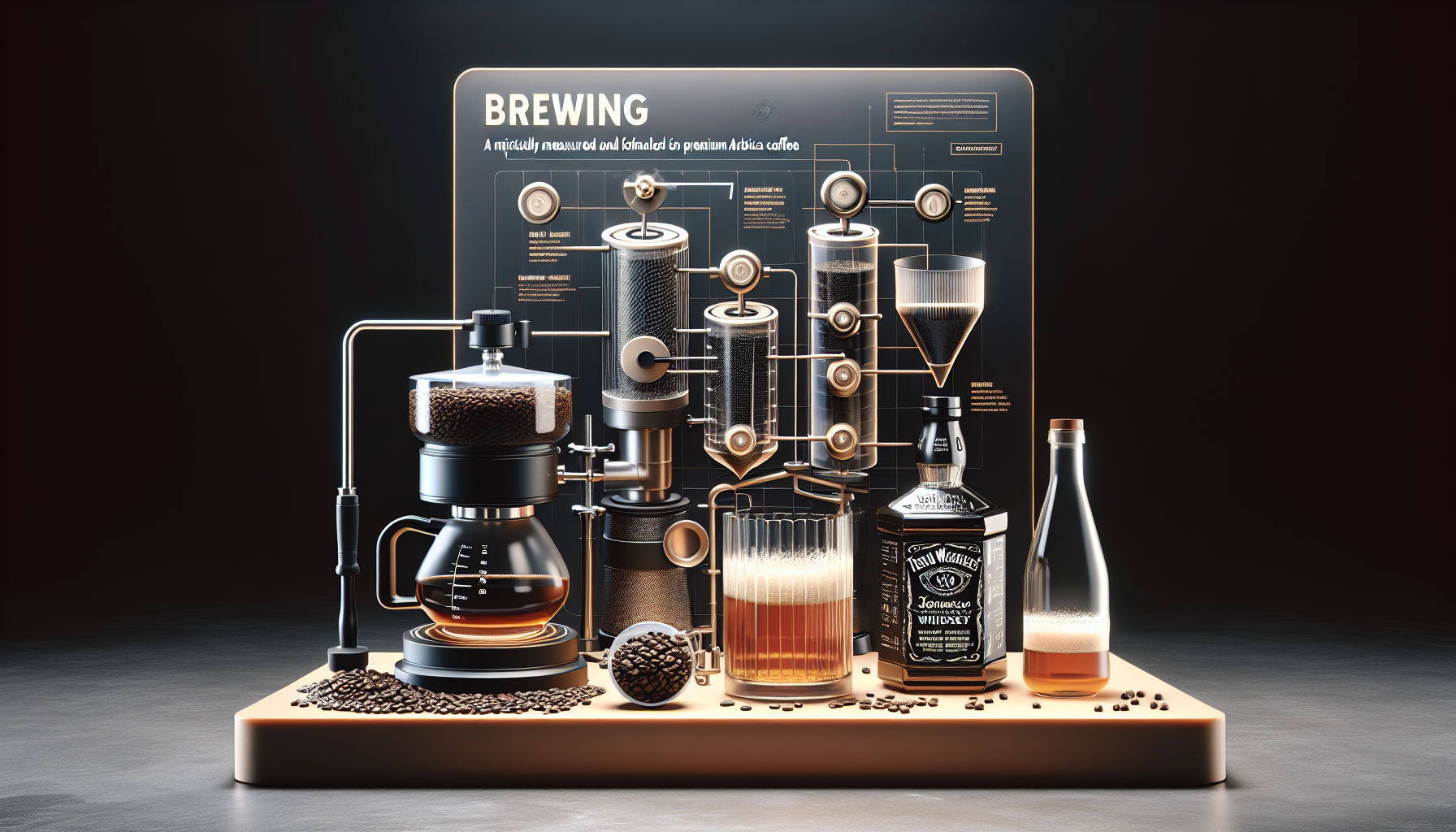 A stylish and modern coffee brewing setup featuring a glass coffee maker, coffee beans, a large glass container filled with brewed coffee, and whiskey bottles. A sleek infographic in the background outlines the brewing process, enhancing the aesthetic of this coffee-making display.