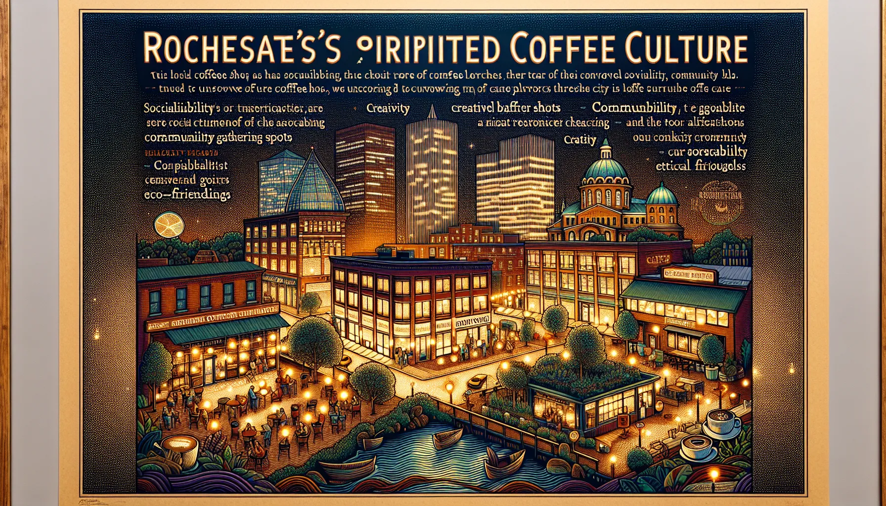 An artistic depiction of coffee culture in vibrant coffee shops Rochester NY, showcasing community and creativity.