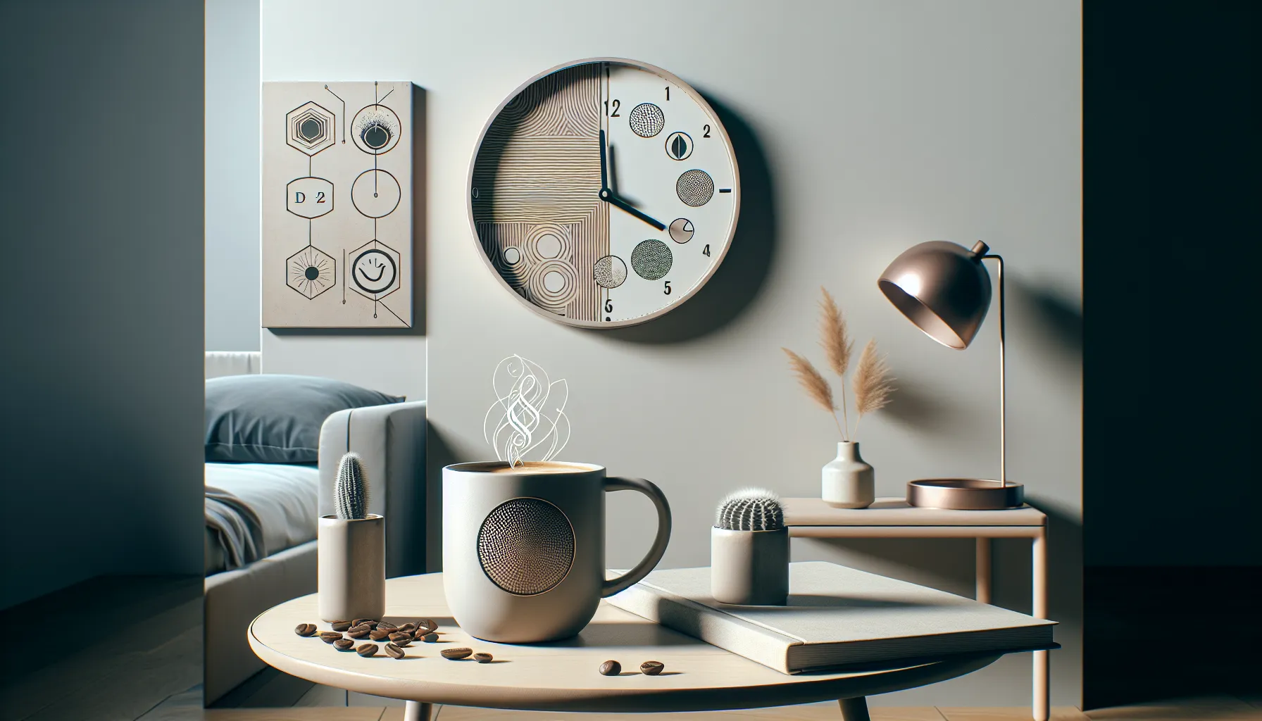 A modern living room scene featuring a round wall clock with artistic designs, a framed artwork with geometric patterns, a beige sofa with gray pillows, and a light wood coffee table. The table holds a textured coffee mug, scattered coffee beans, a small potted cactus, and a couple of books. A sleek, metallic desk lamp and decorative reeds add to the ambiance.