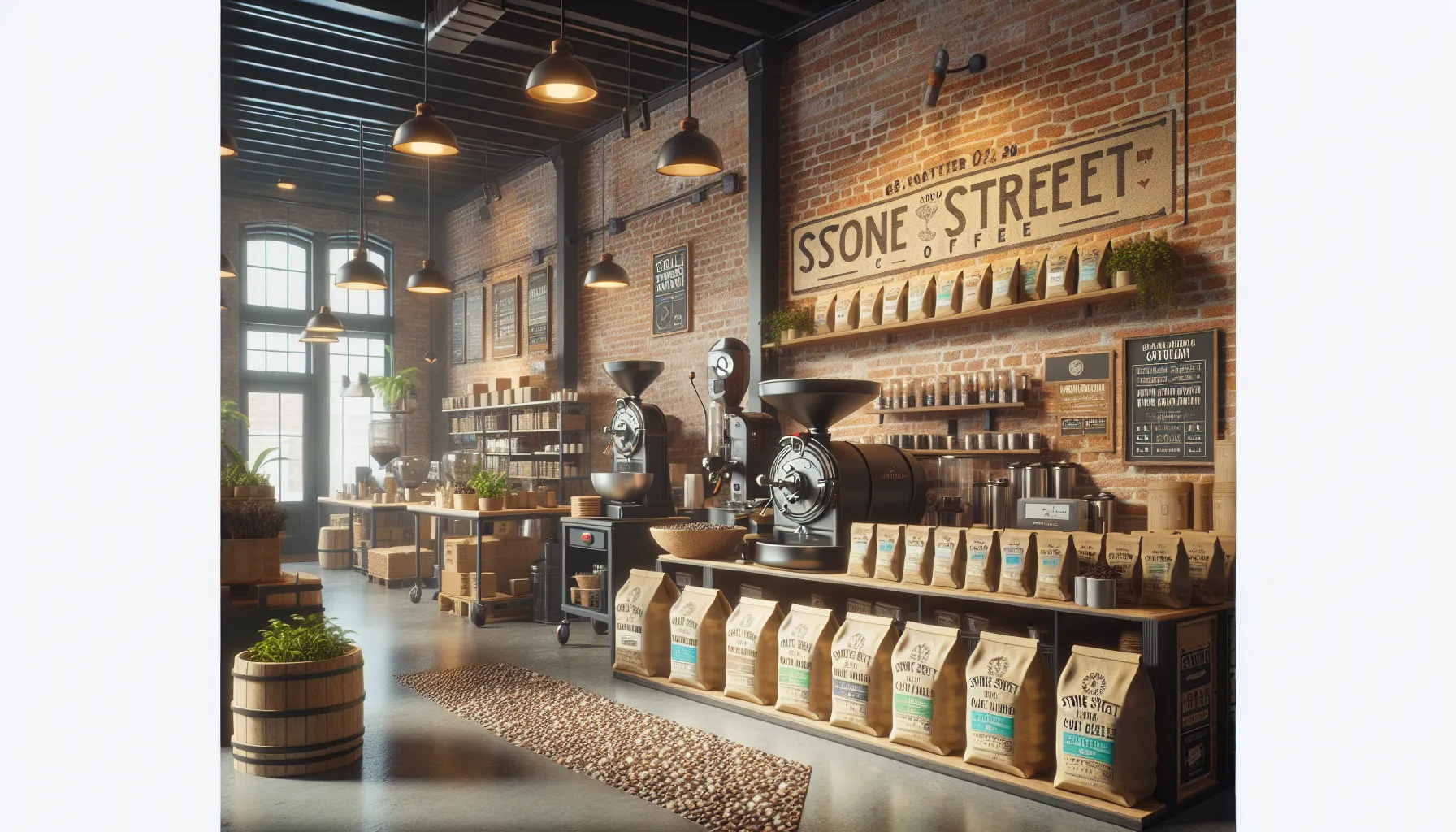 A cozy coffee shop interior with exposed brick walls, featuring two coffee grinders, shelves lined with coffee bags, wooden barrels with plants, and a warm, inviting atmosphere created by pendant lighting.