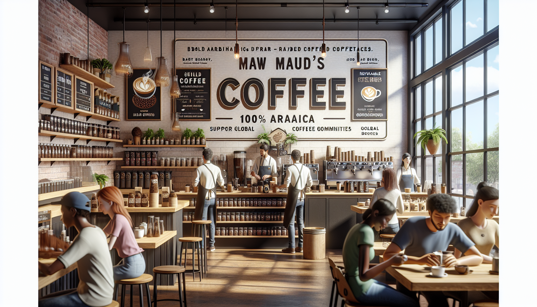 A modern coffee shop interior featuring a bustling counter with baristas preparing drinks, shelves lined with coffee products, and customers seated at wooden tables. Large windows allow natural light to fill the space, and decorative plants are placed throughout. The wall displays the shop's name, 