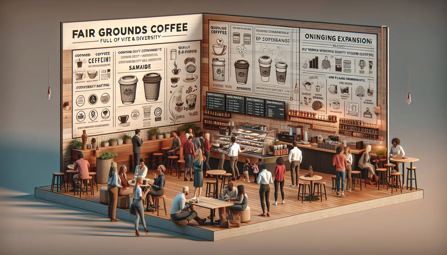 A vibrant coffee shop scene featuring diverse groups of people socializing, working, and enjoying coffee. The interior showcases a wooden design with seating areas, a counter displaying various pastries, and a large menu on the wall featuring coffee options and branding. Plants are placed throughout, creating a warm and inviting atmosphere.