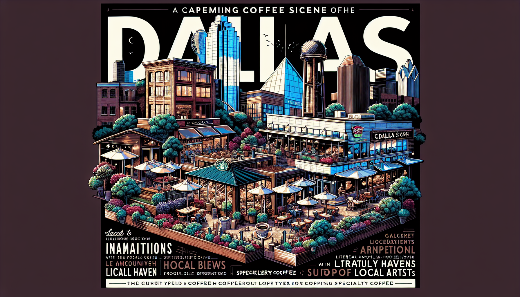 An illustrated scene showcasing a vibrant coffee culture in Dallas, featuring numerous coffee shops and outdoor seating areas surrounded by lush greenery and modern city architecture, with notable landmarks in the background. The design includes text highlighting various local coffee spots and artists involved in the community.