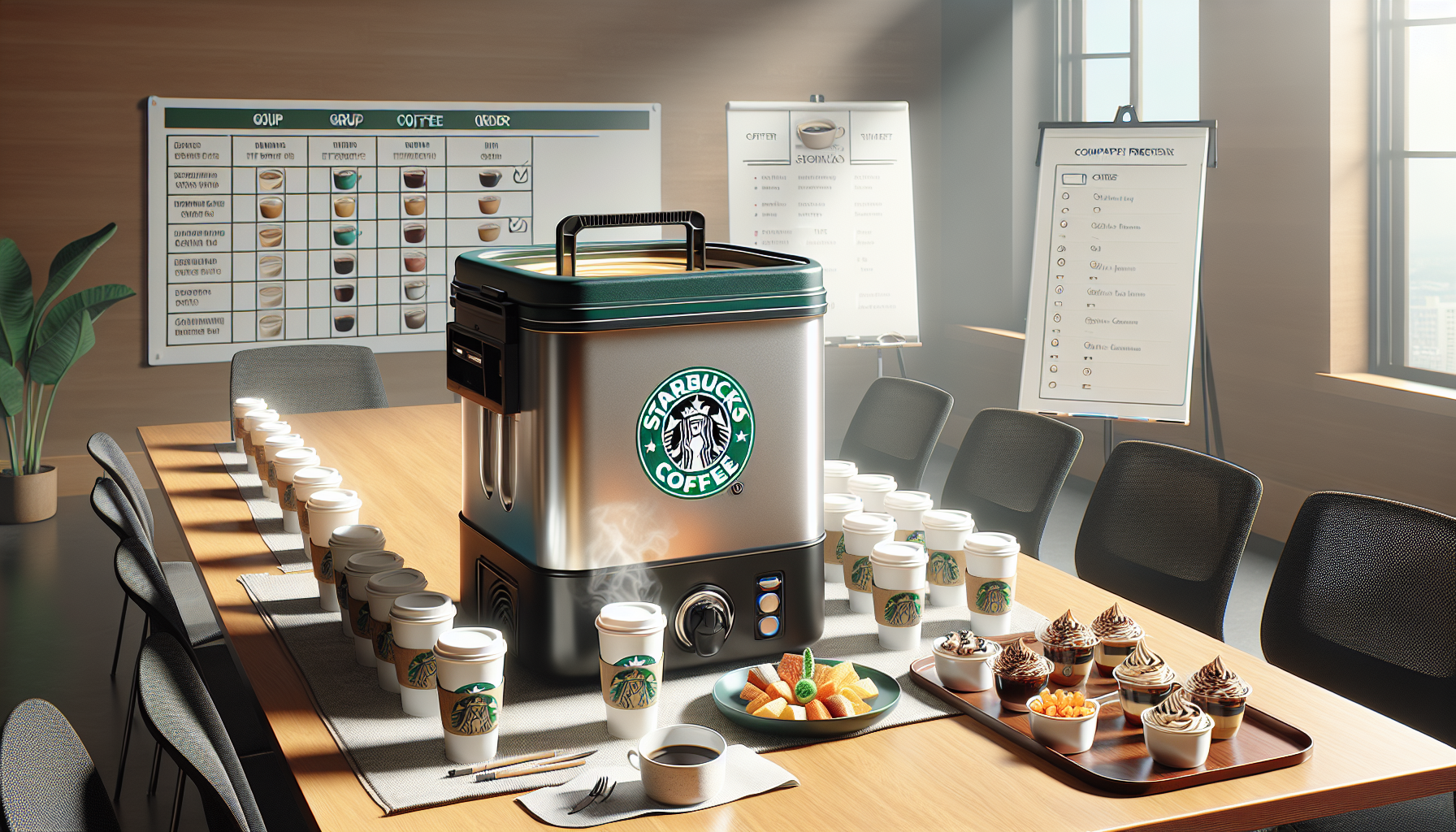 A conference room table is adorned with a large Starbucks coffee dispenser, surrounded by multiple Starbucks coffee cups and a platter of desserts, including cups of chocolate mousse and a variety of fresh fruits. In the background, there are presentation boards listing coffee types and orders, and a large window illuminating the room.