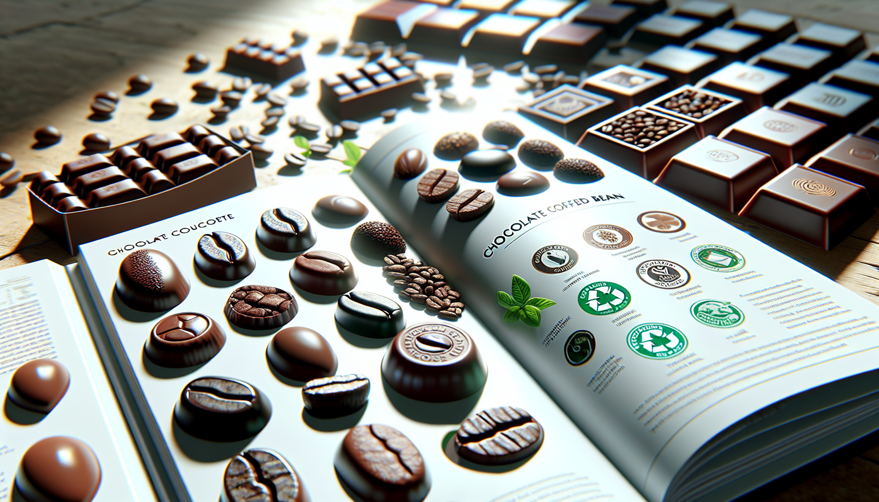 An assortment of chocolate confections, including various shaped chocolates and coffee beans, is displayed on a wooden surface. Opened beside them is a book featuring chocolate descriptions, images of chocolate beans, and sustainability symbols.