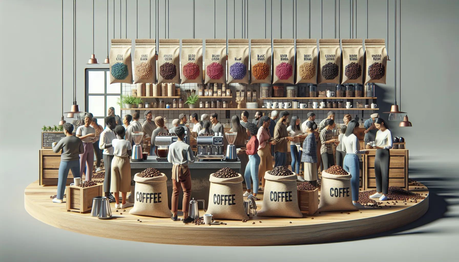 A vibrant coffee shop scene featuring a diverse group of people interacting and preparing coffee. The foreground displays large burlap bags labeled 