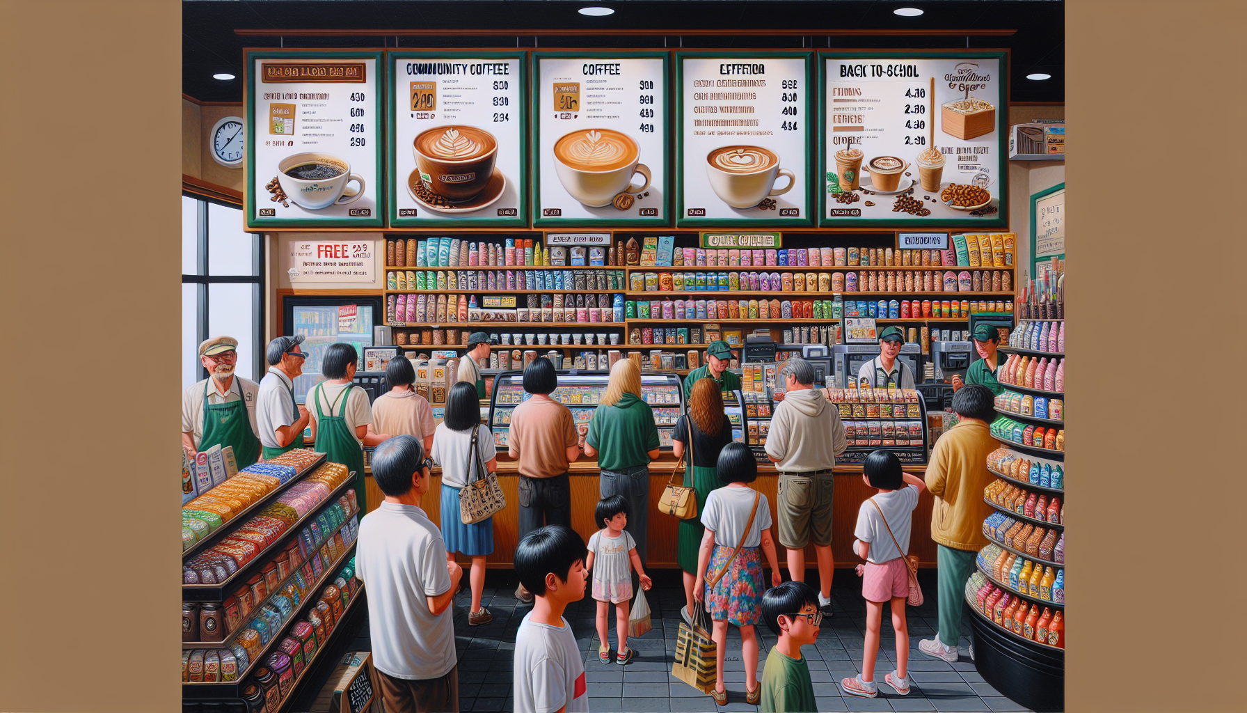 A bustling coffee shop scene with a diverse group of customers waiting in line at the counter. Men and women of various ages, including children, stand in front of a menu displaying coffee and drink options. Shelves filled with colorful coffee products and snacks line the walls, while baristas in green aprons serve customers. The shop has a warm, inviting atmosphere, enhanced by natural light filtering through large windows.