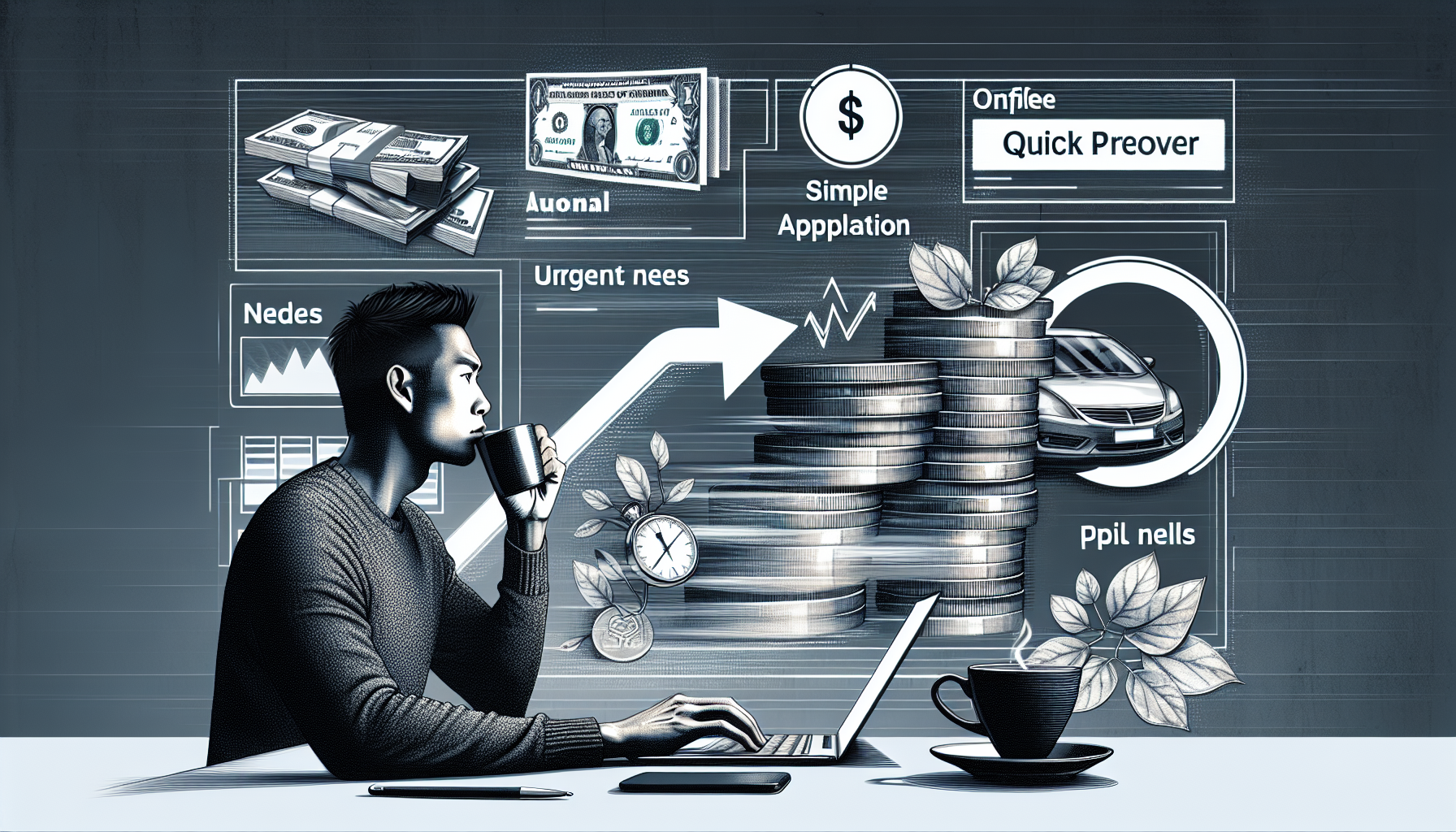 A man sits at a table with a laptop, holding a cup of coffee, while looking at various financial graphics, including stacks of money, coins, a clock, and a car, illustrating themes of urgent financial needs and simple applications for services.